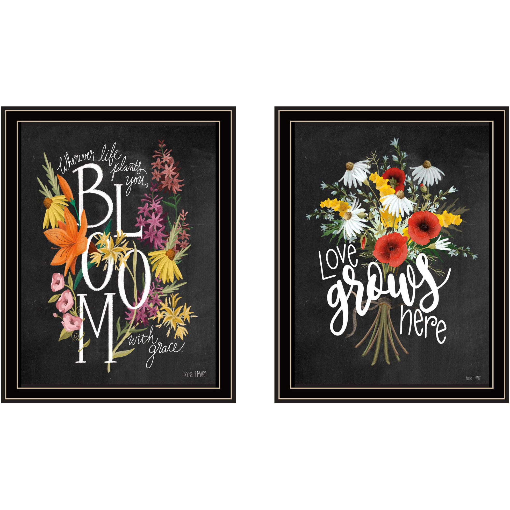 Set Of Two Love Grows Here Black Framed Print Wall Art