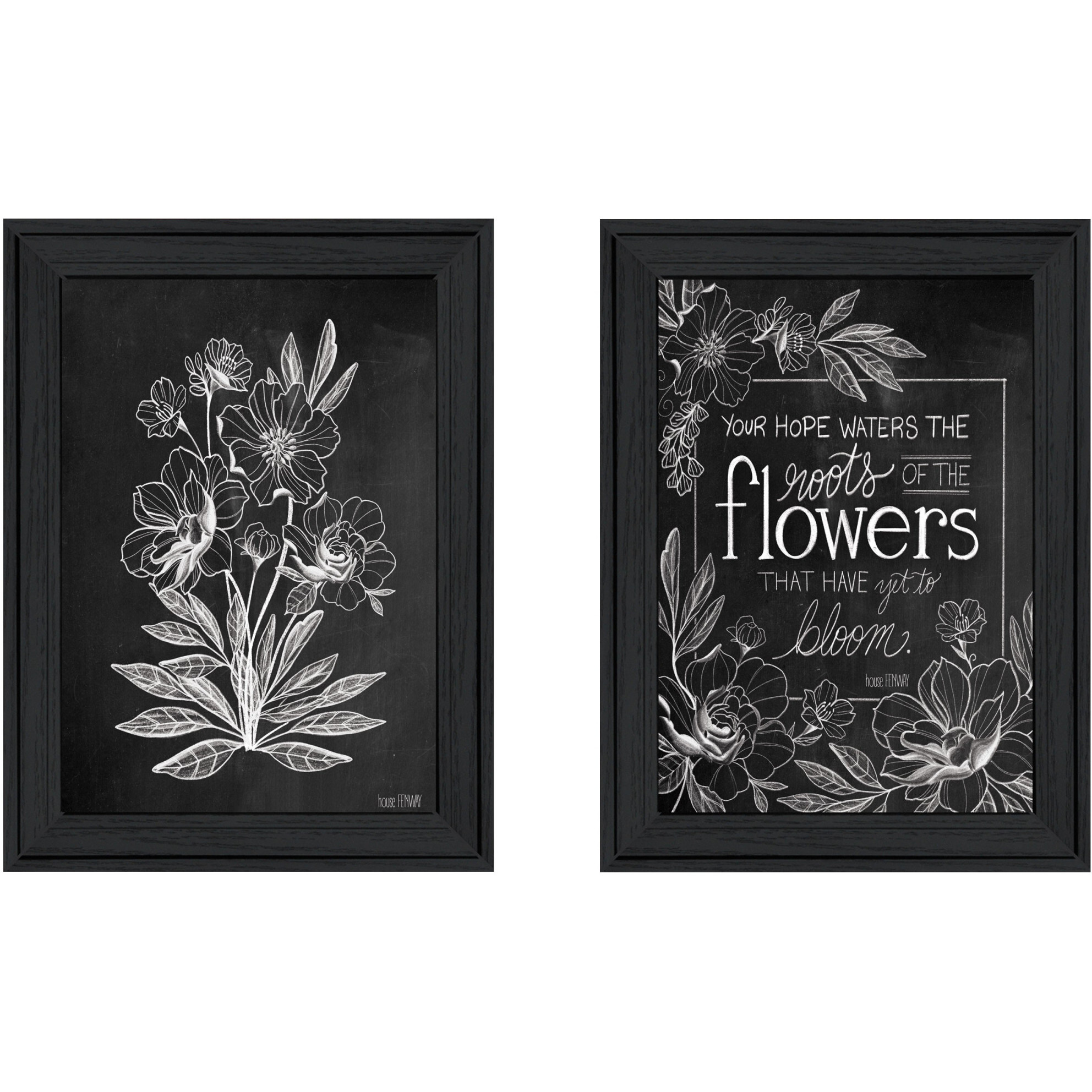 Set Of Two Vintage Chalkboard Blooms Black Framed Print Wall Art