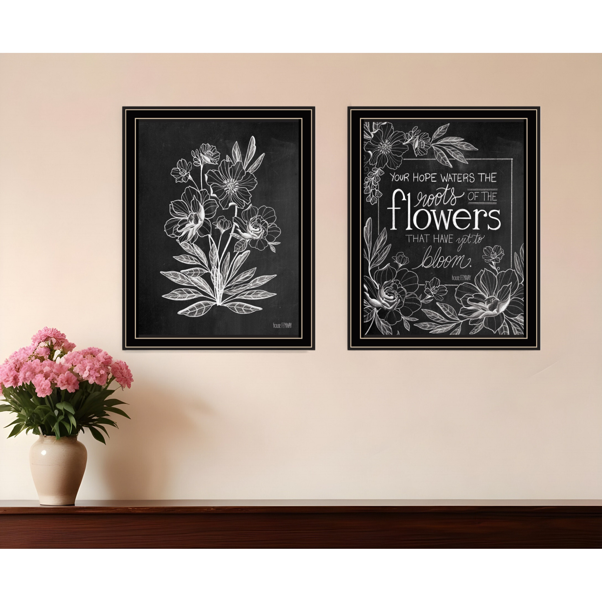 Set Of Two Vintage Chalkboard Blooms Black Framed Print Wall Art