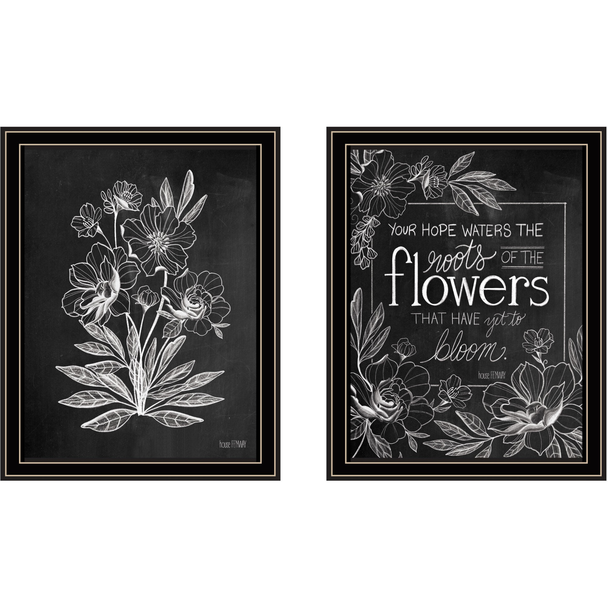 Set Of Two Vintage Chalkboard Blooms Black Framed Print Wall Art