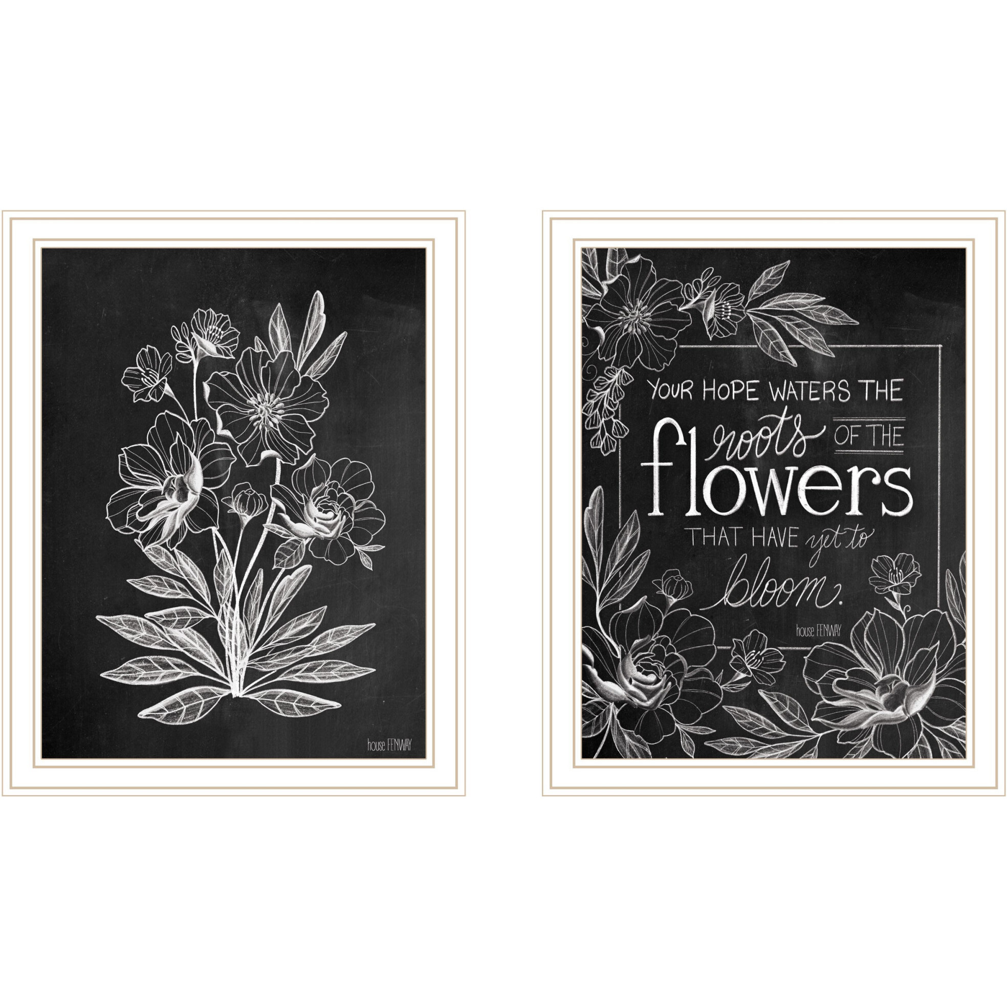 Set Of Two Vintage Chalkboard Blooms White Framed Print Wall Art