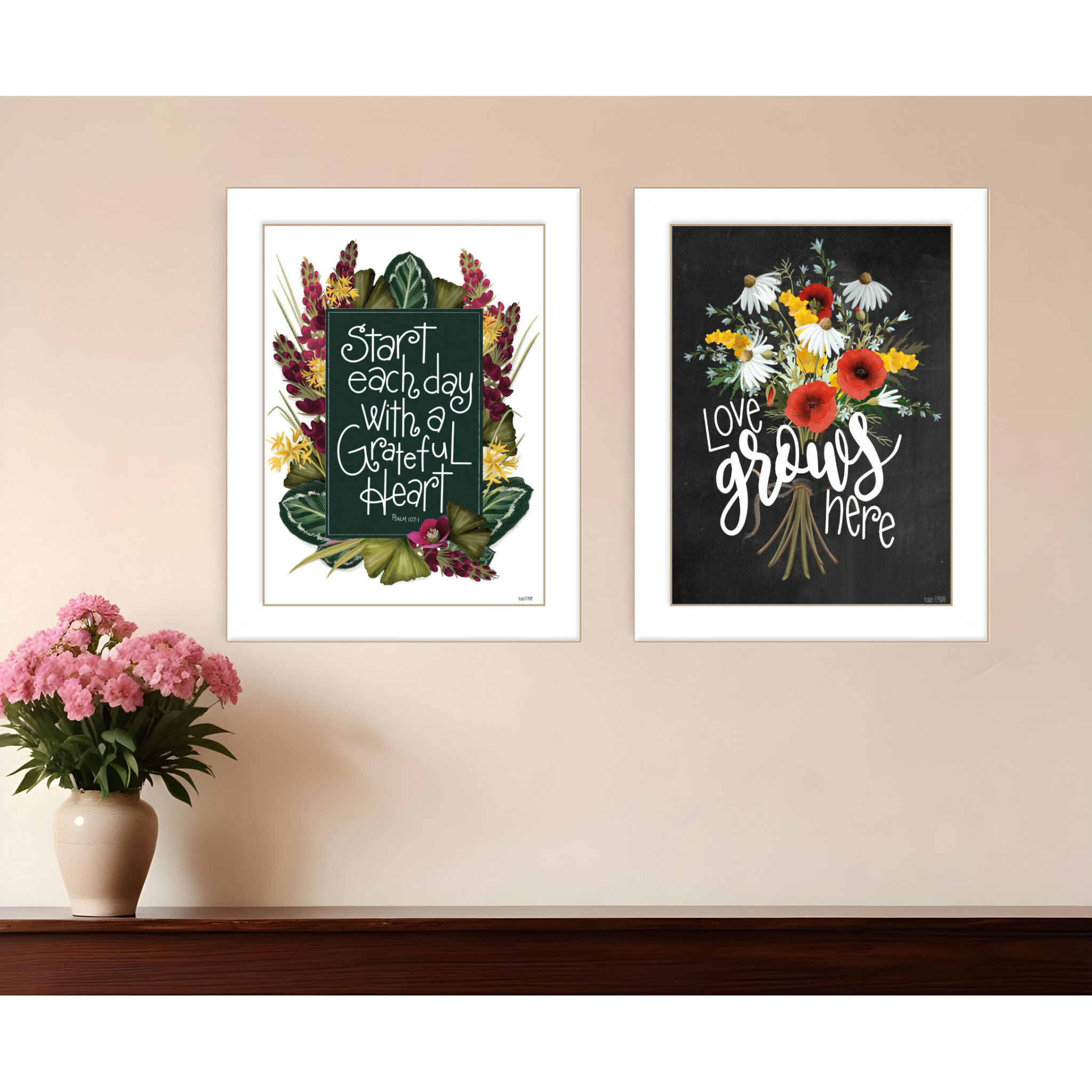 Set Of Two With Grateful Hearts White Framed Print Wall Art