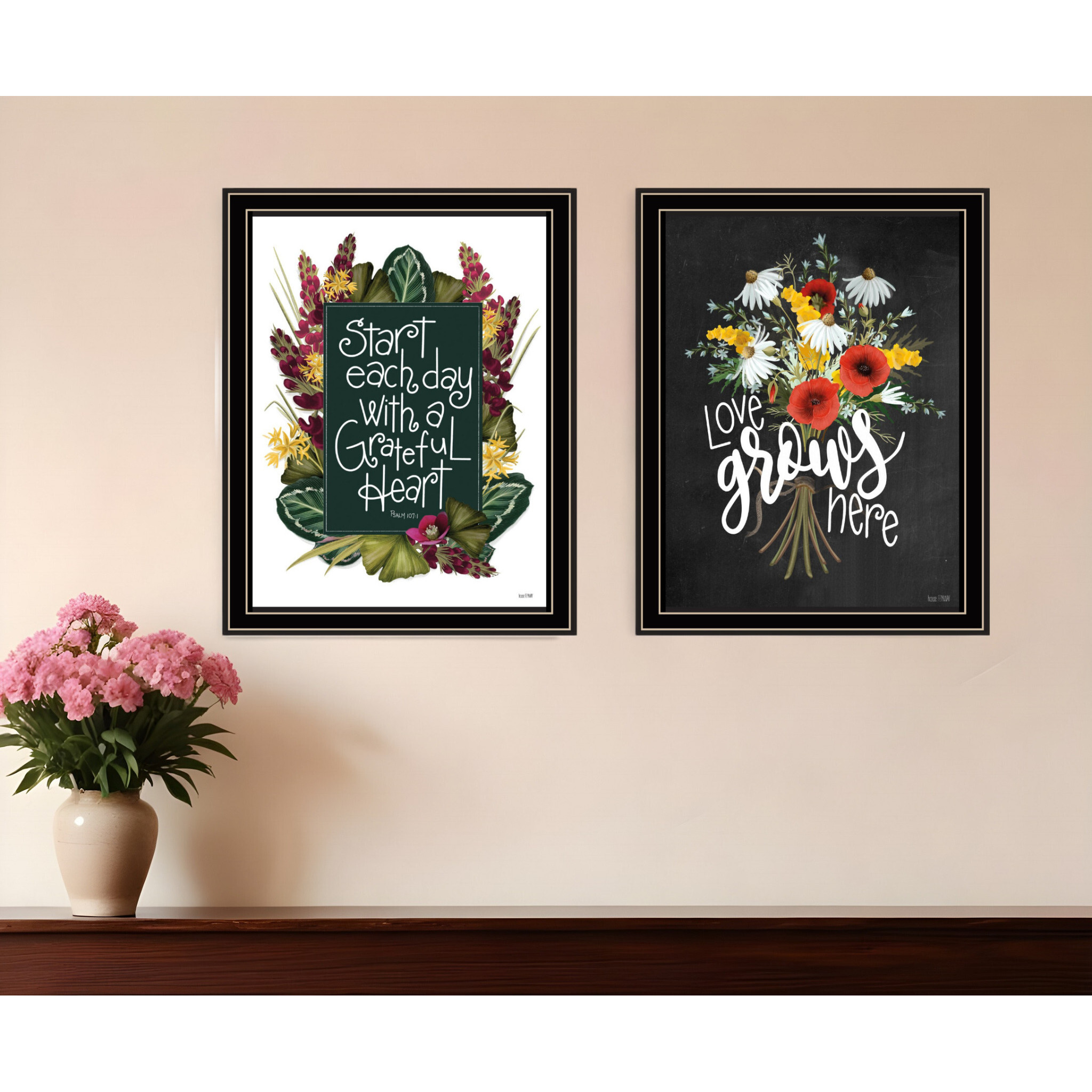 Set Of Two With Grateful Hearts Black Framed Print Wall Art