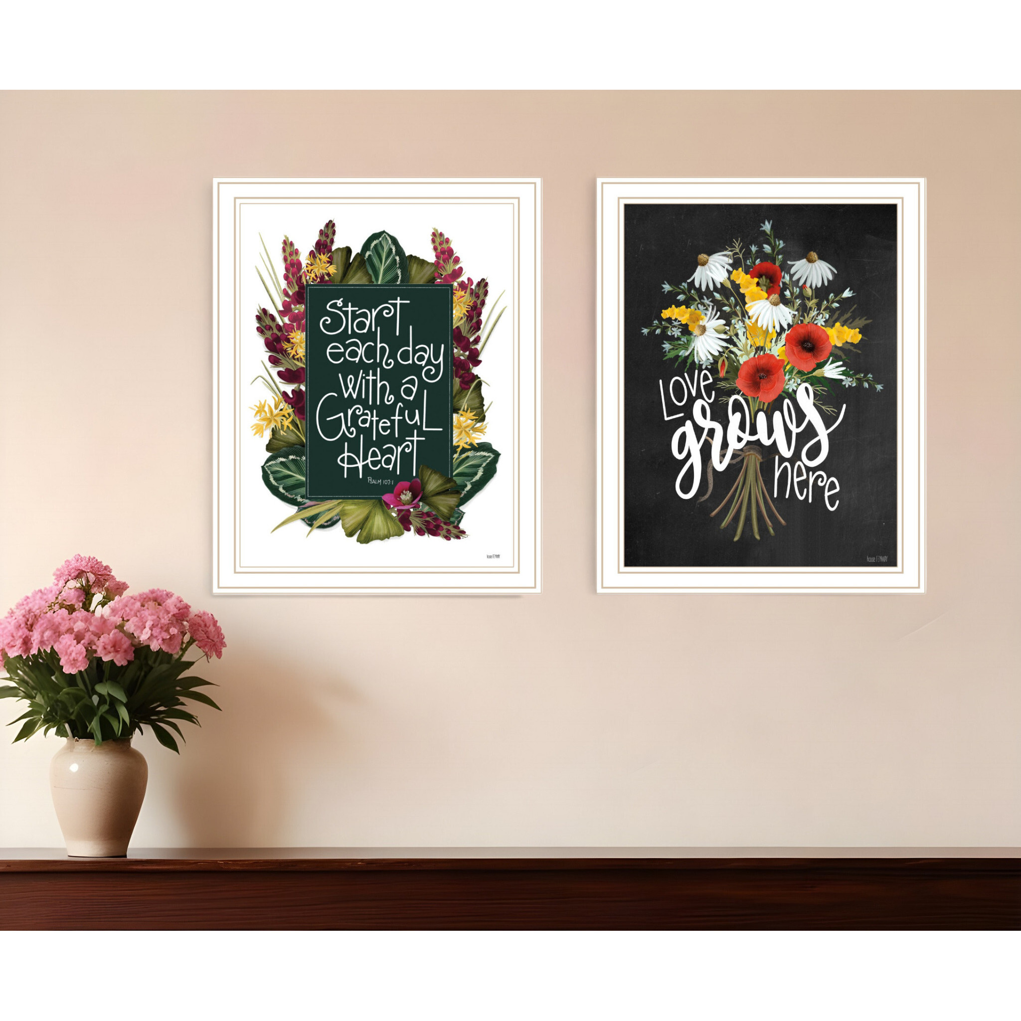 Set Of Two With Grateful Hearts White Framed Print Wall Art