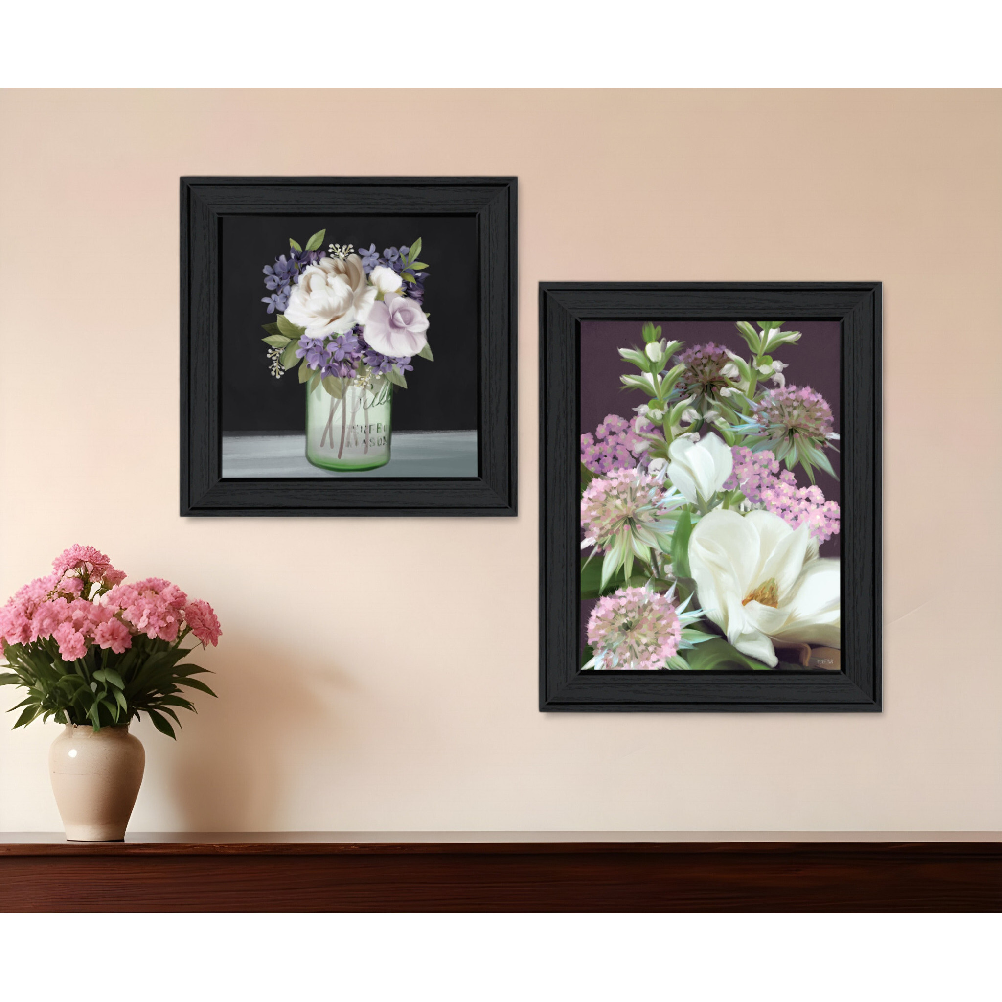 Set Of Two Lilac and Wild Plum Bouquet Black Framed Print Wall Art