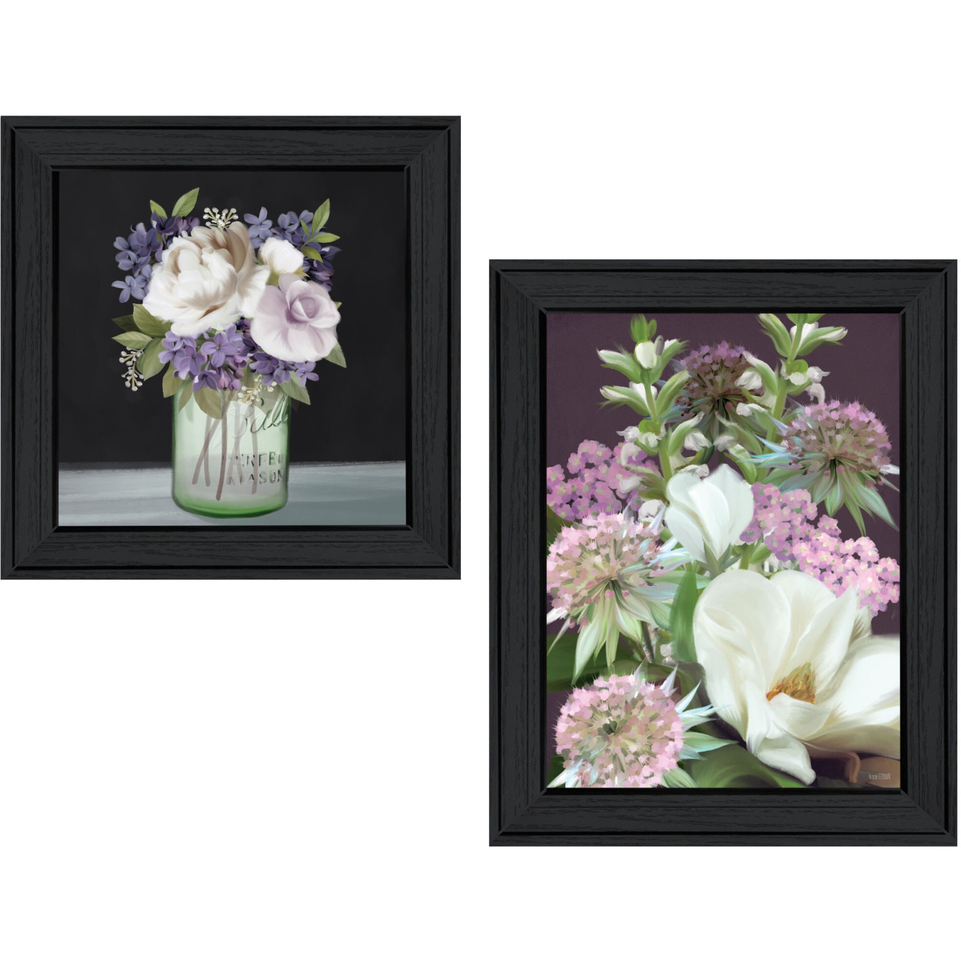 Set Of Two Lilac and Wild Plum Bouquet Black Framed Print Wall Art