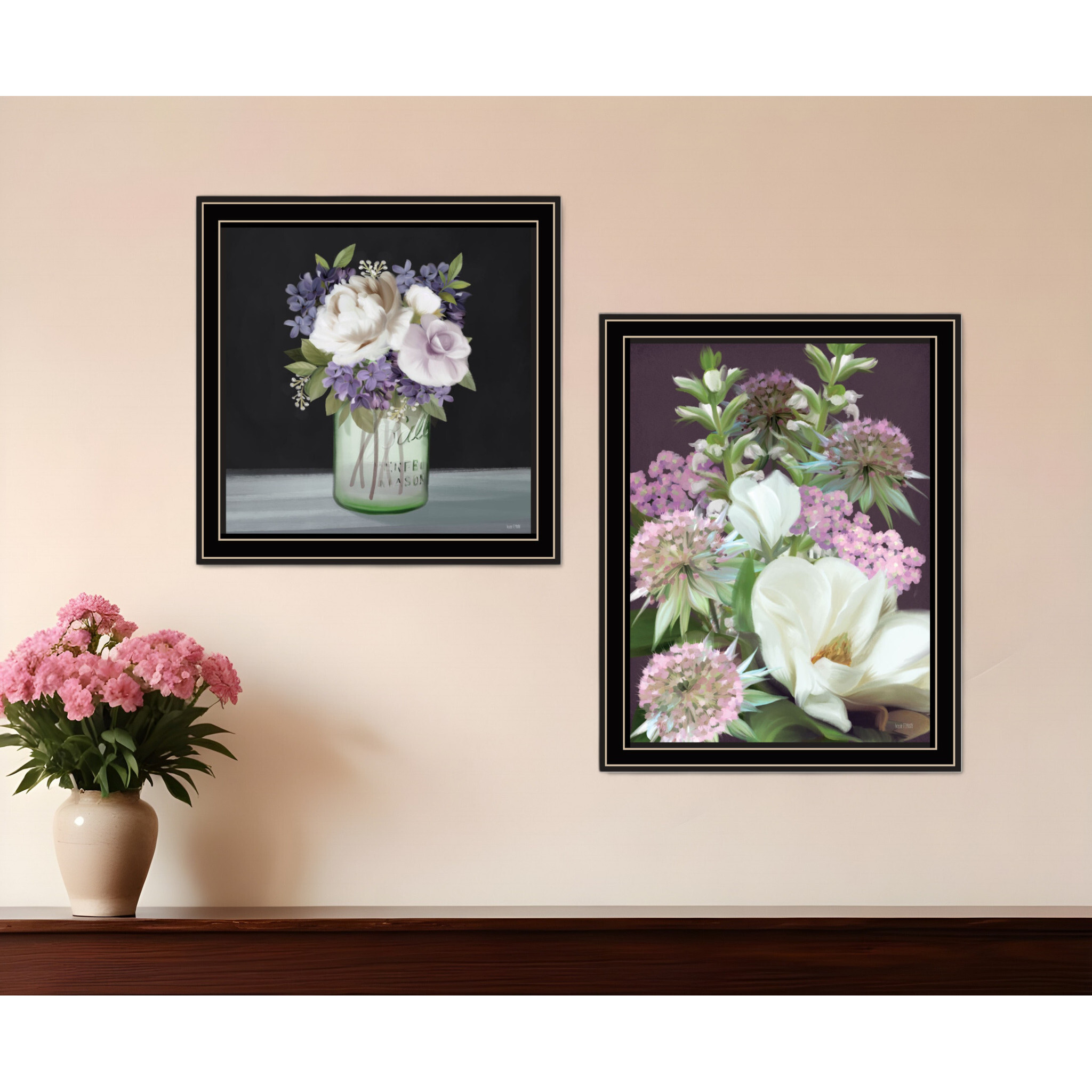 Set Of Two Lilac and Wild Plum Bouquet Black Framed Print Wall Art