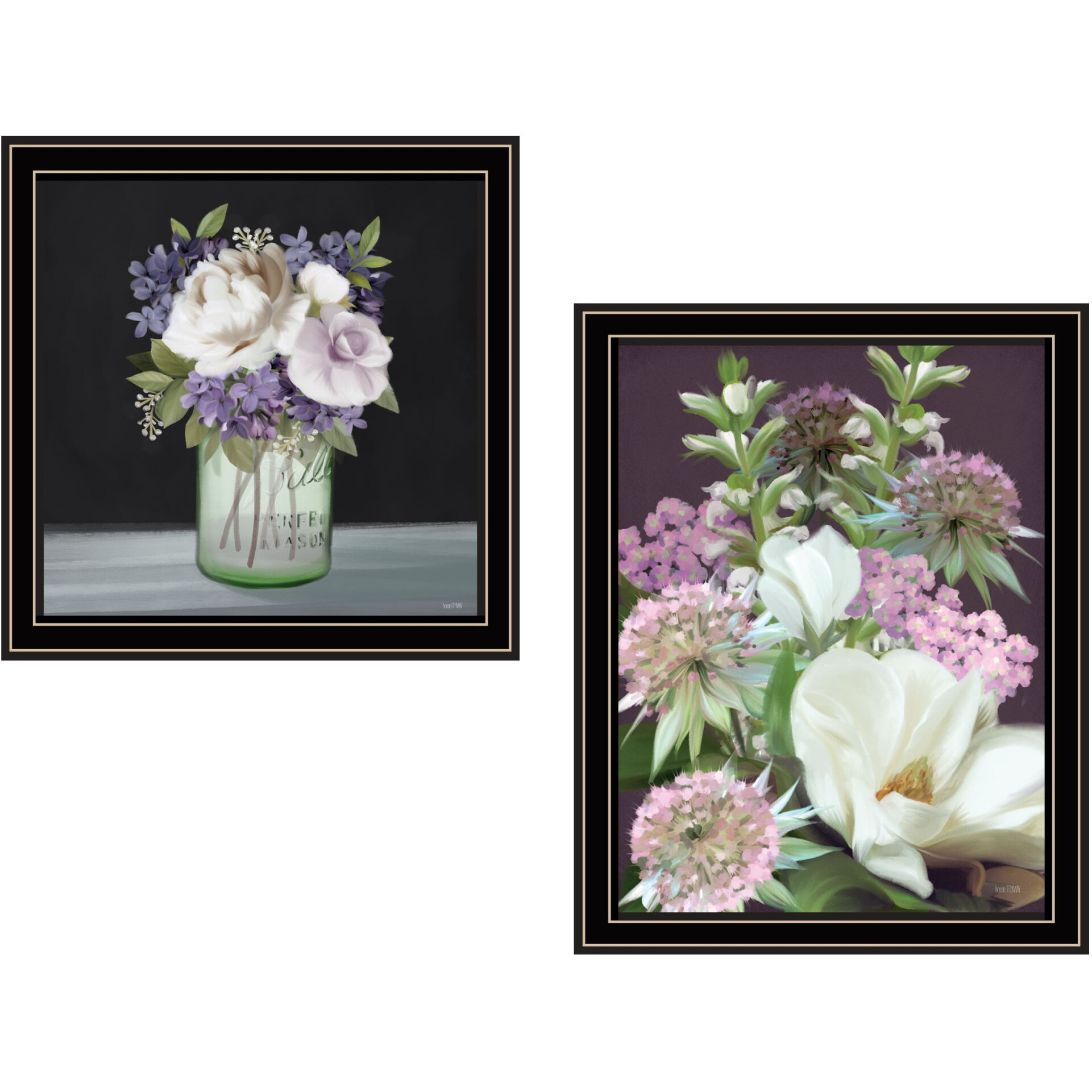 Set Of Two Lilac and Wild Plum Bouquet Black Framed Print Wall Art
