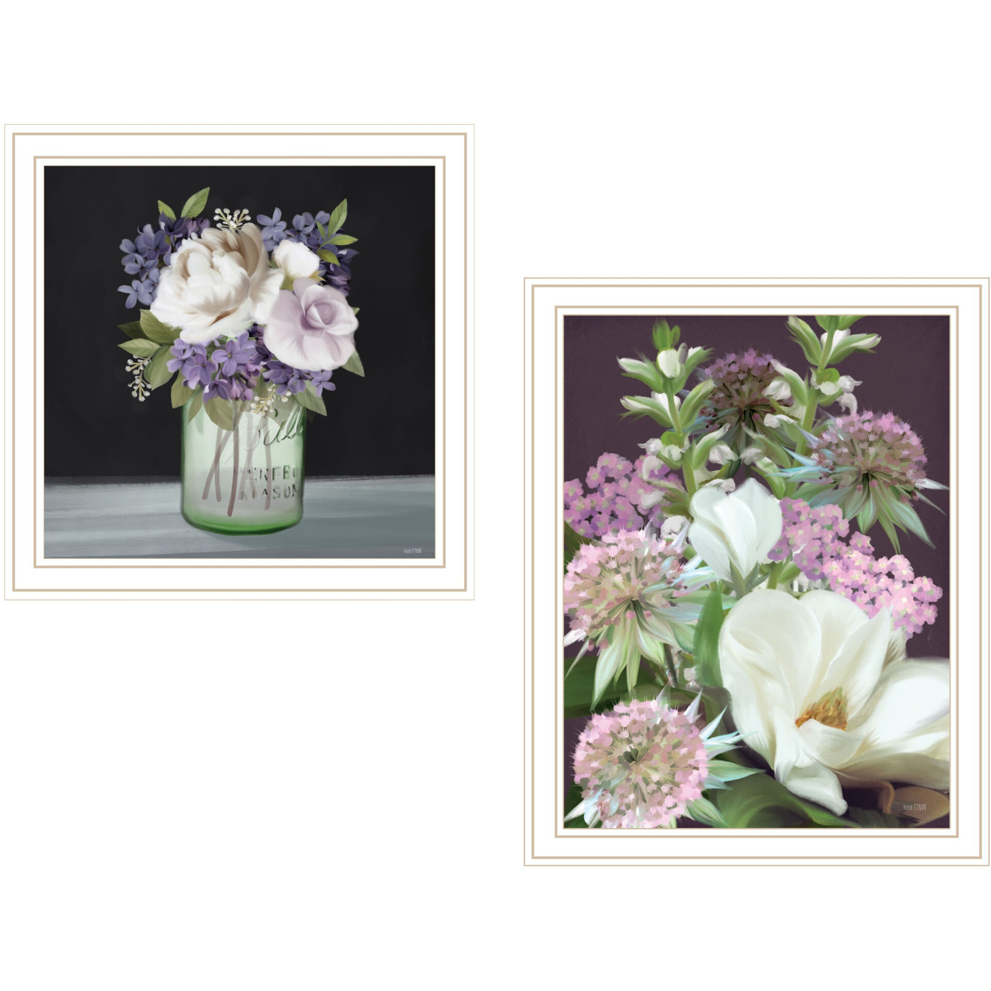 Set Of Two Lilac and Wild Plum Bouquet White Framed Print Wall Art