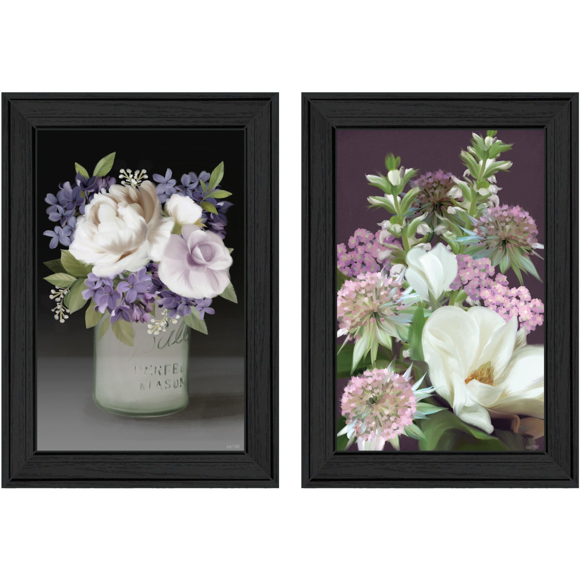 Set Of Two Lilac and Wild Plum Bouquet Black Framed Print Wall Art