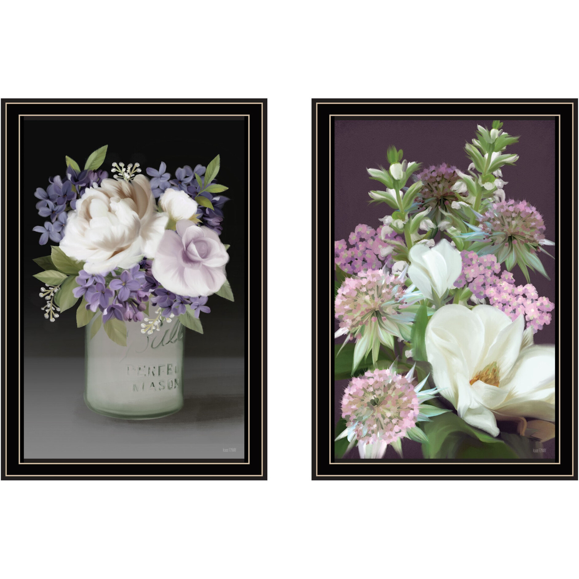 Set Of Two Lilac and Wild Plum Bouquet Black Framed Print Wall Art