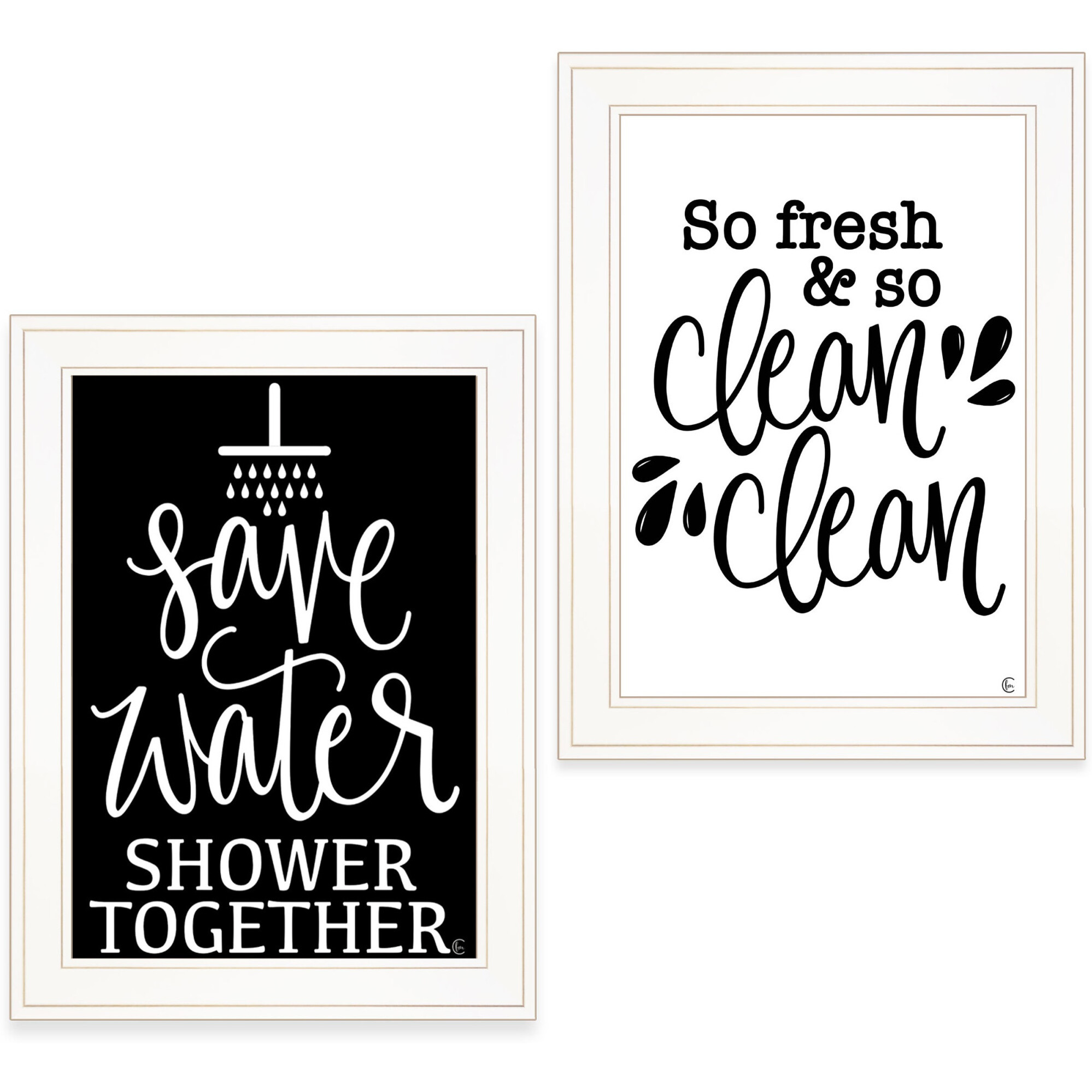 Set Of Two Clean or Shower Together White Framed Print Bathroom Wall Art