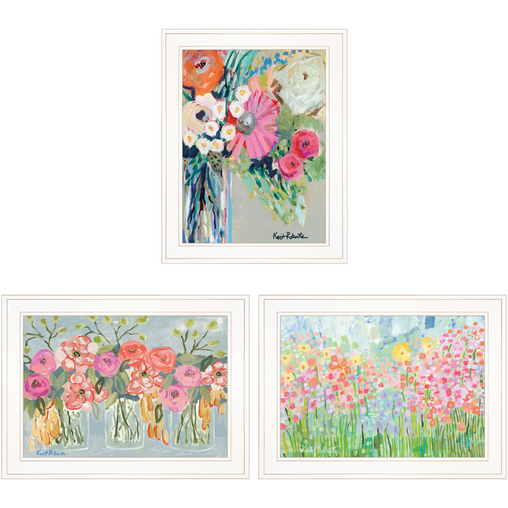 Set Of Three Garden Flowers White Grooved Frame Print Wall Art