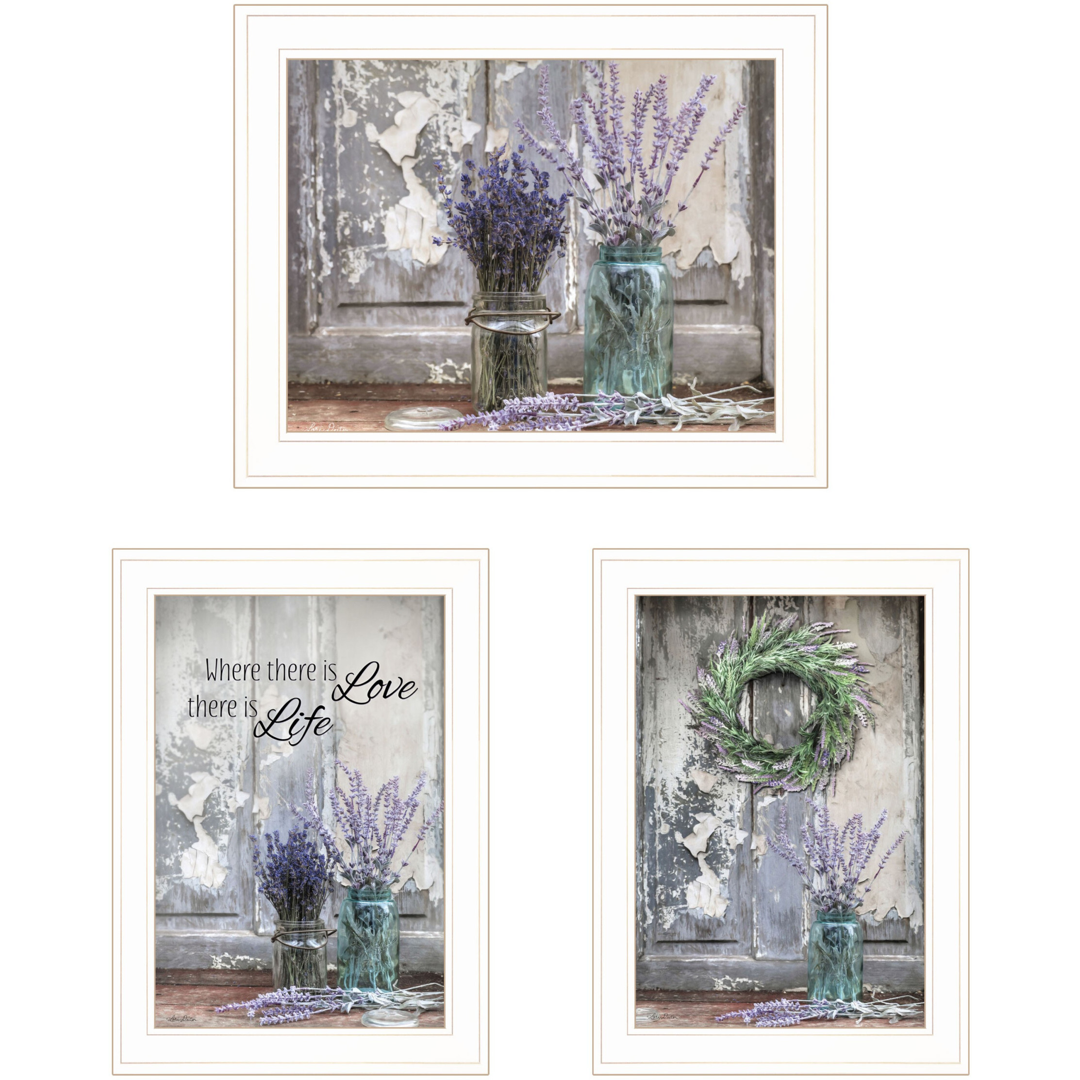 Set Of Three Love Life And Lavender White Framed Print Wall Art