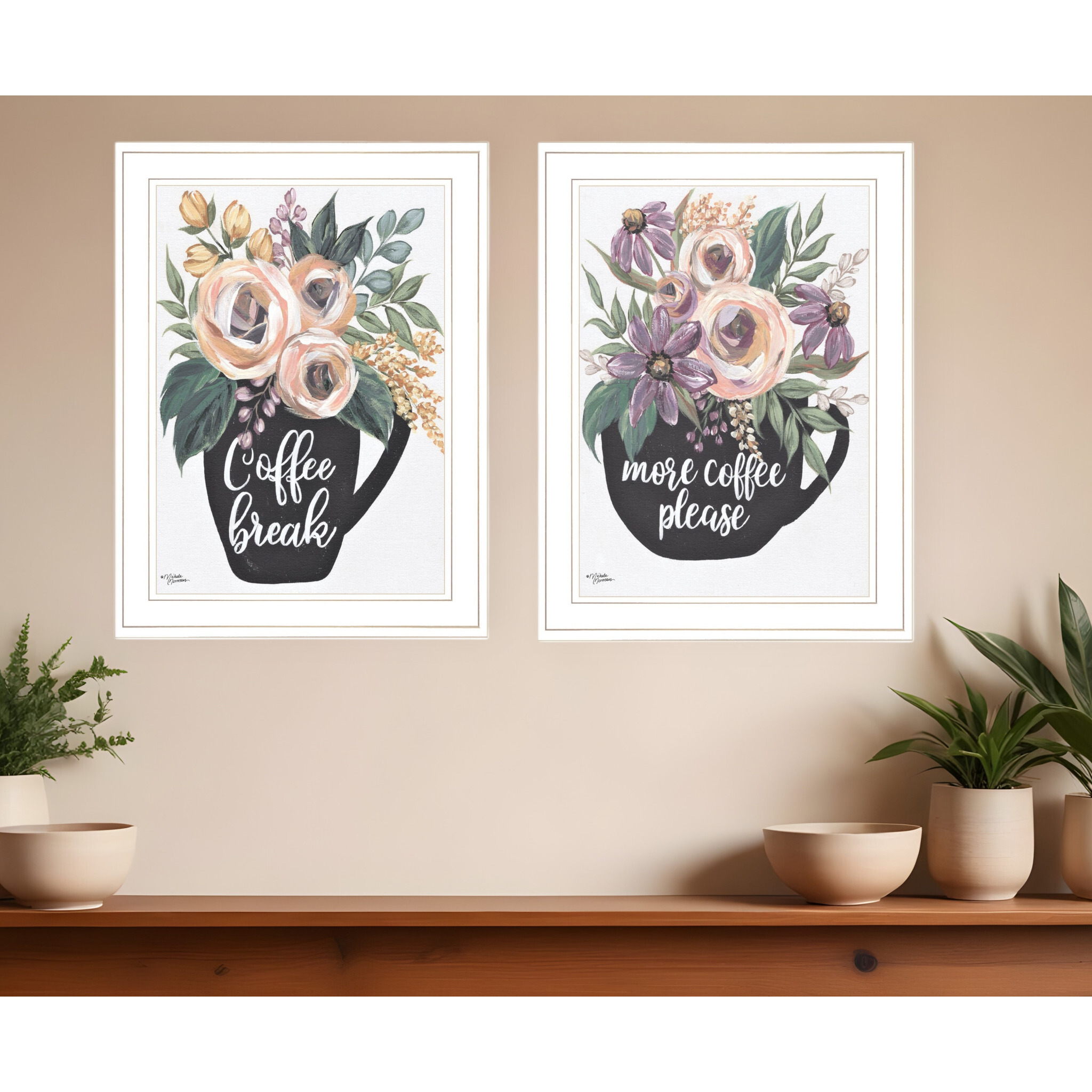 Set Of Two Coffee And Flowers White Framed Print Kitchen Wall Art