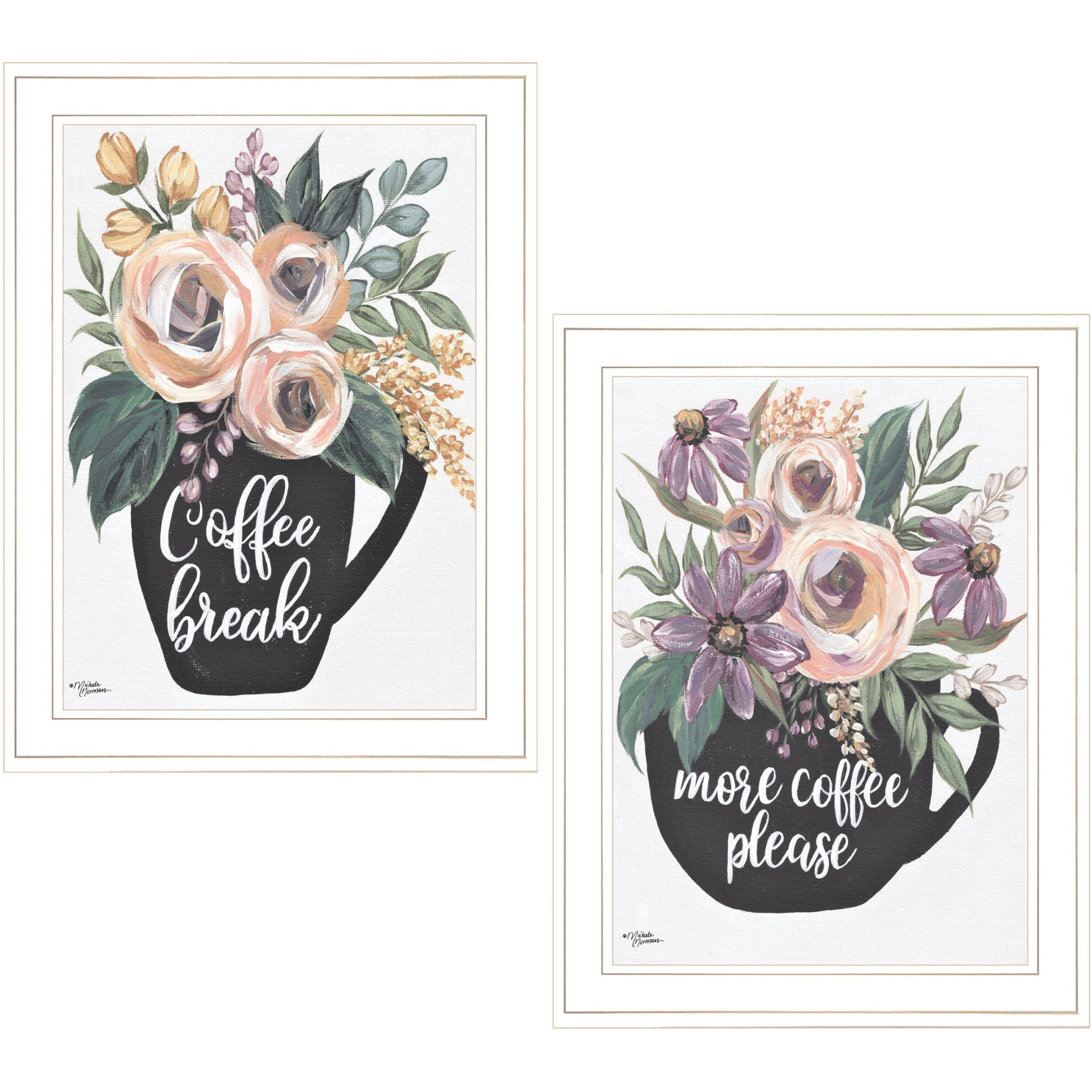 Set Of Two Coffee And Flowers White Framed Print Kitchen Wall Art