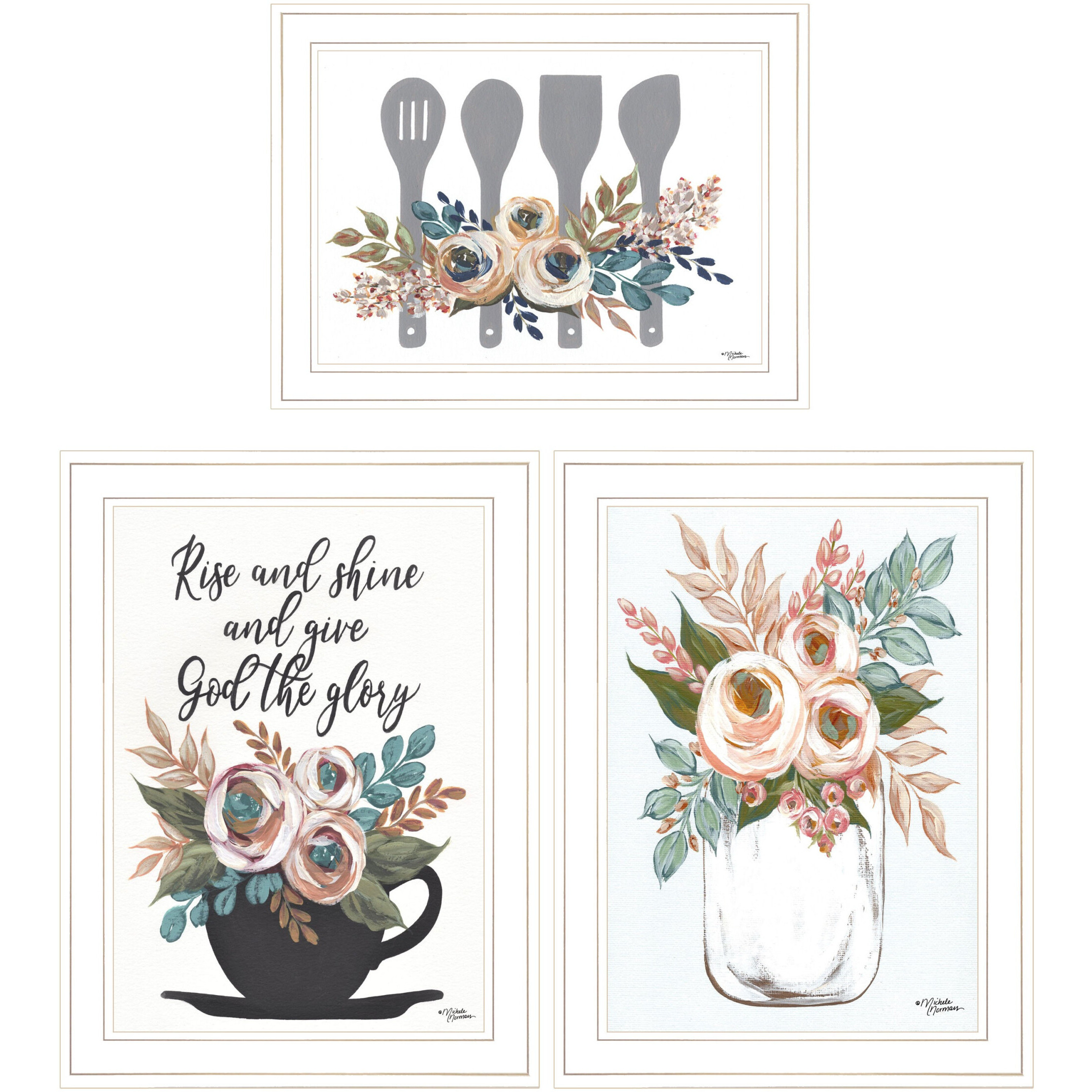 Set Of Three Rise and Shine White Framed Print Kitchen Wall Art