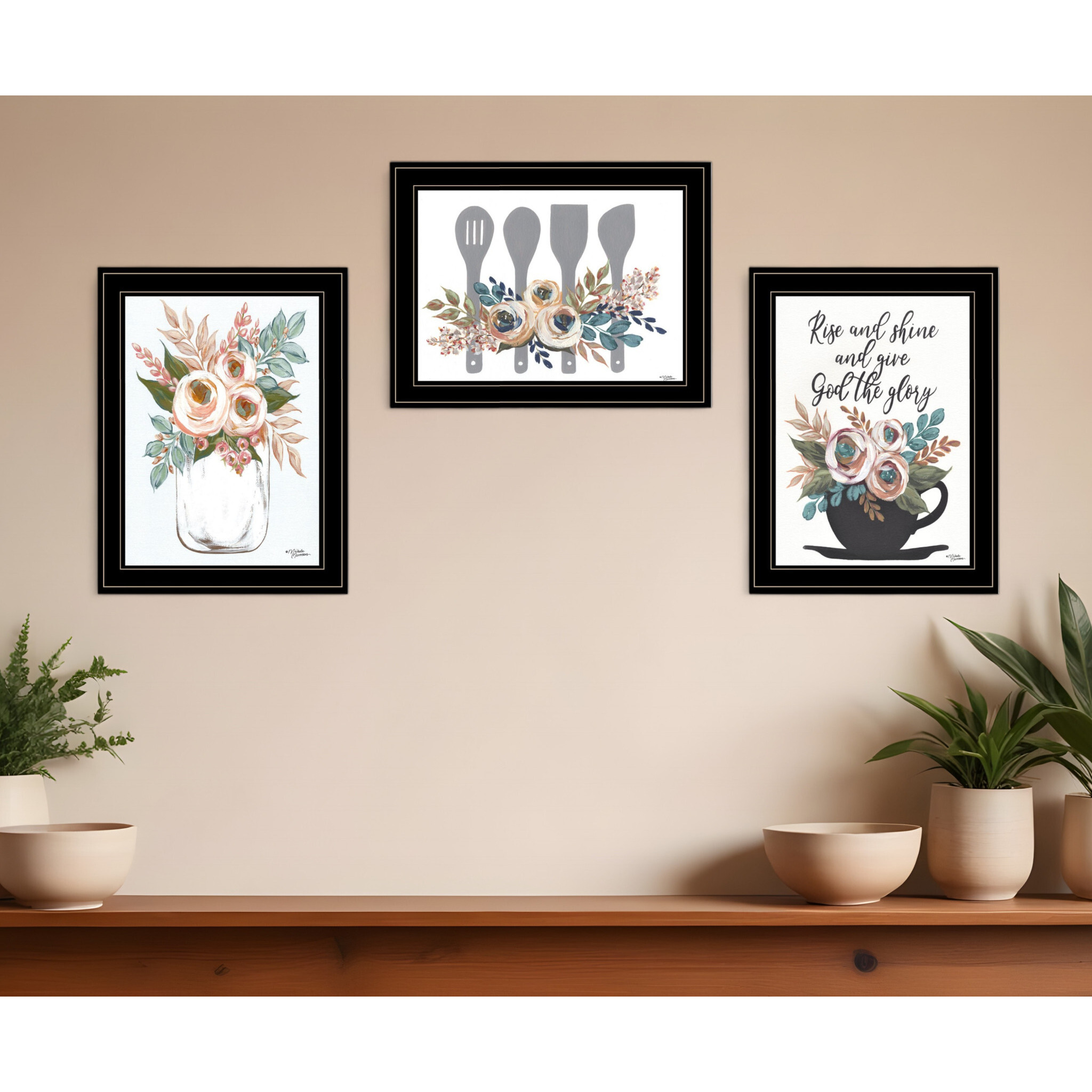 Set Of Three Rise and Shine Kitchen Black Framed Print Kitchen Wall Art