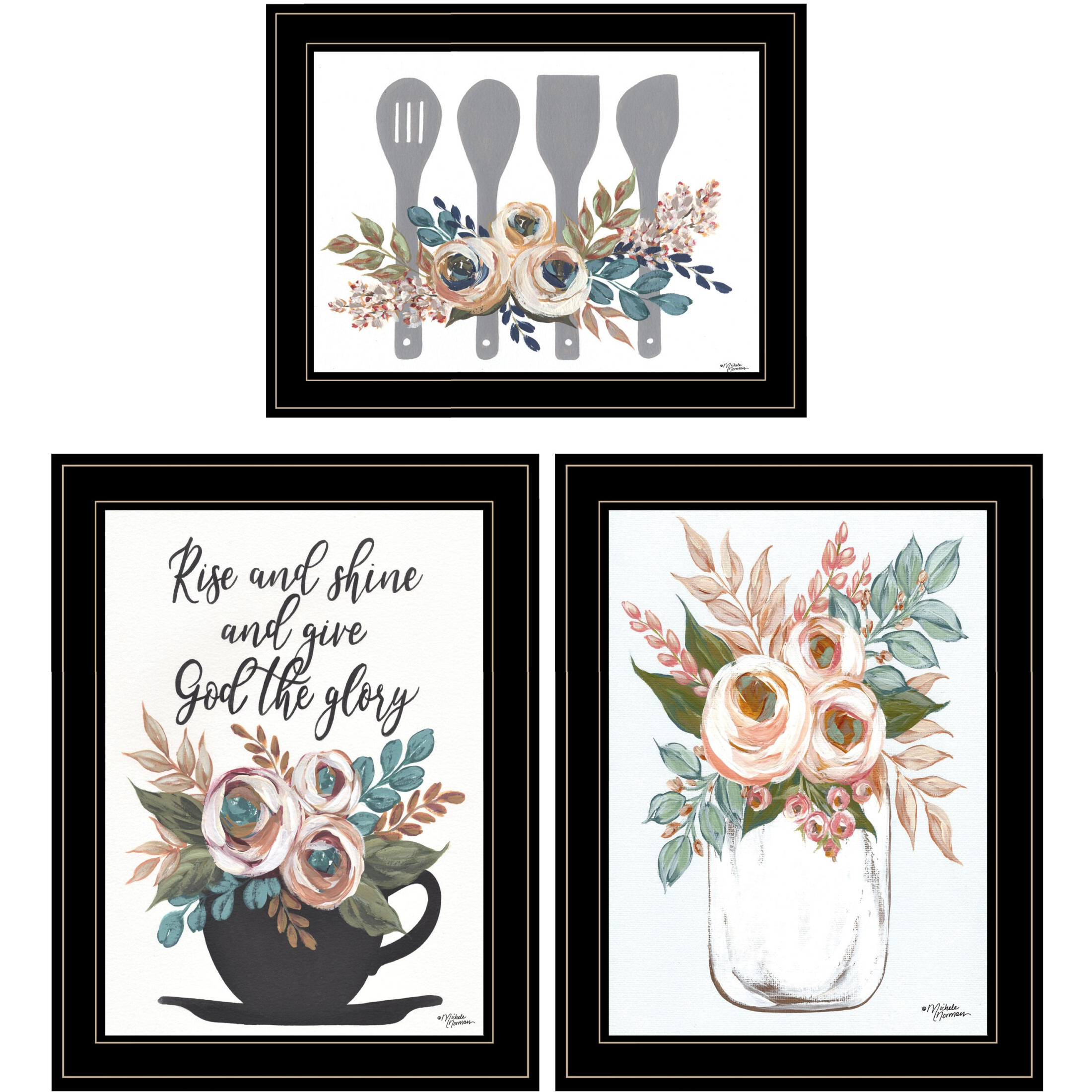 Set Of Three Rise and Shine Kitchen Black Framed Print Kitchen Wall Art