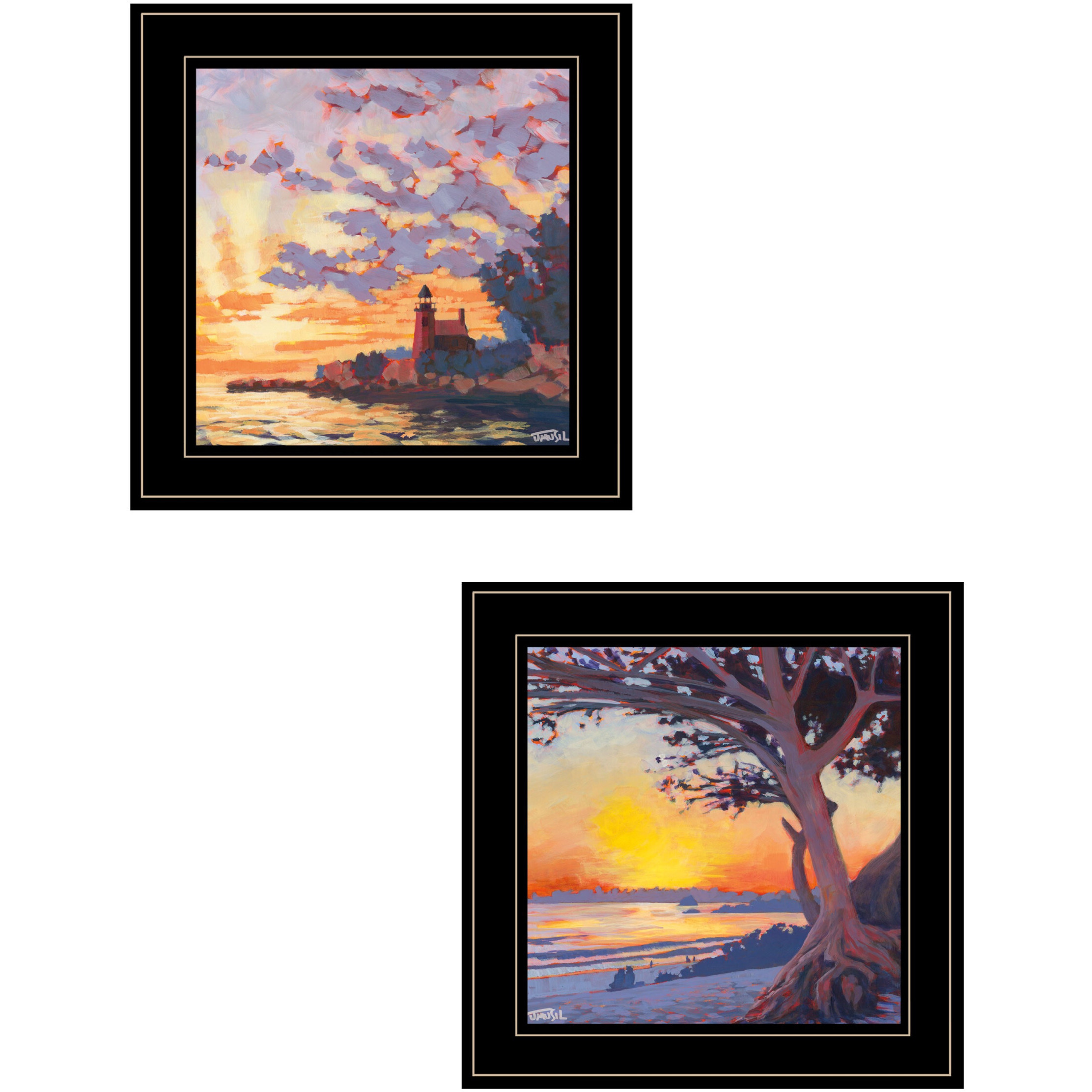 Set Of Two Carmel Beach and Lighthouse Black Framed Print Wall Art