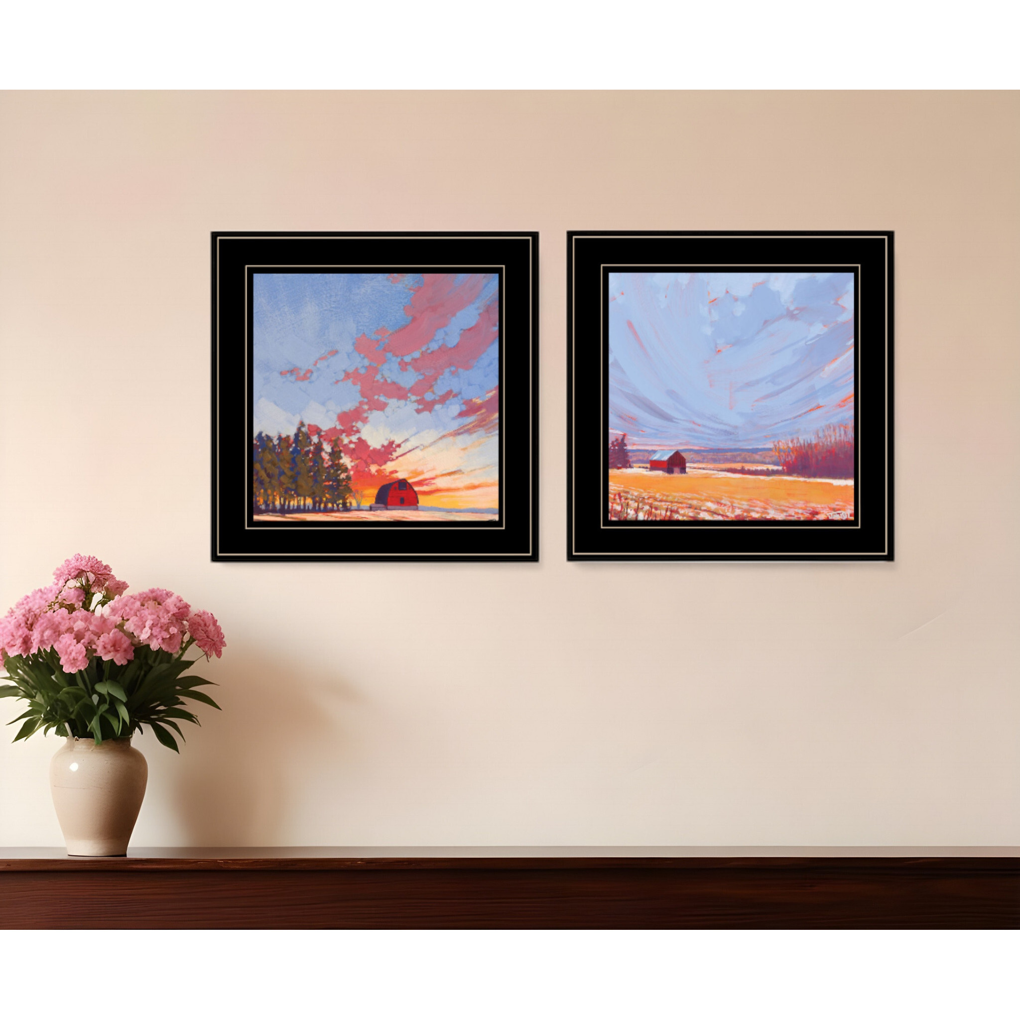 Set Of Two Scenic Landscapes With Barns Black Framed Print Wall Art
