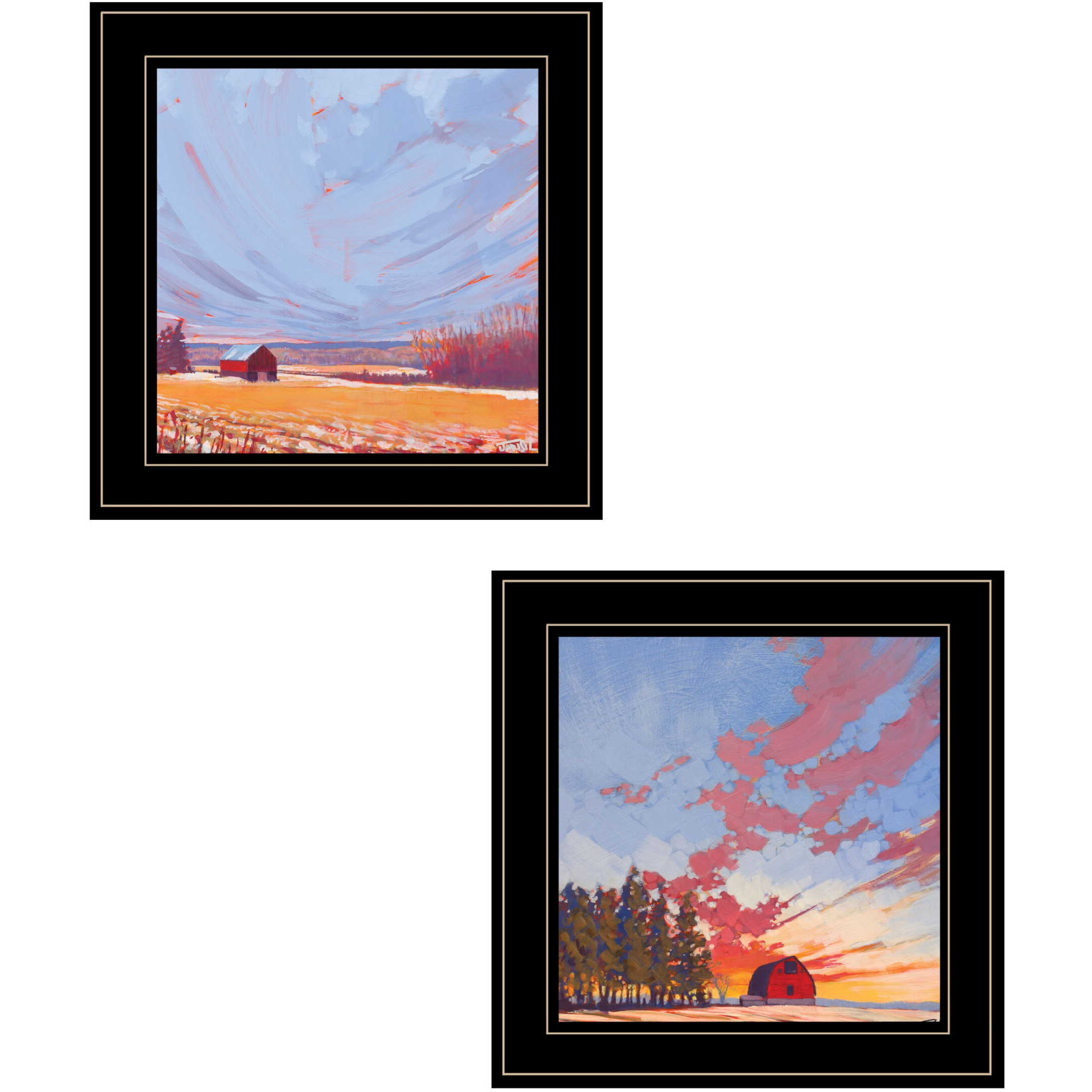 Set Of Two Scenic Landscapes With Barns Black Framed Print Wall Art