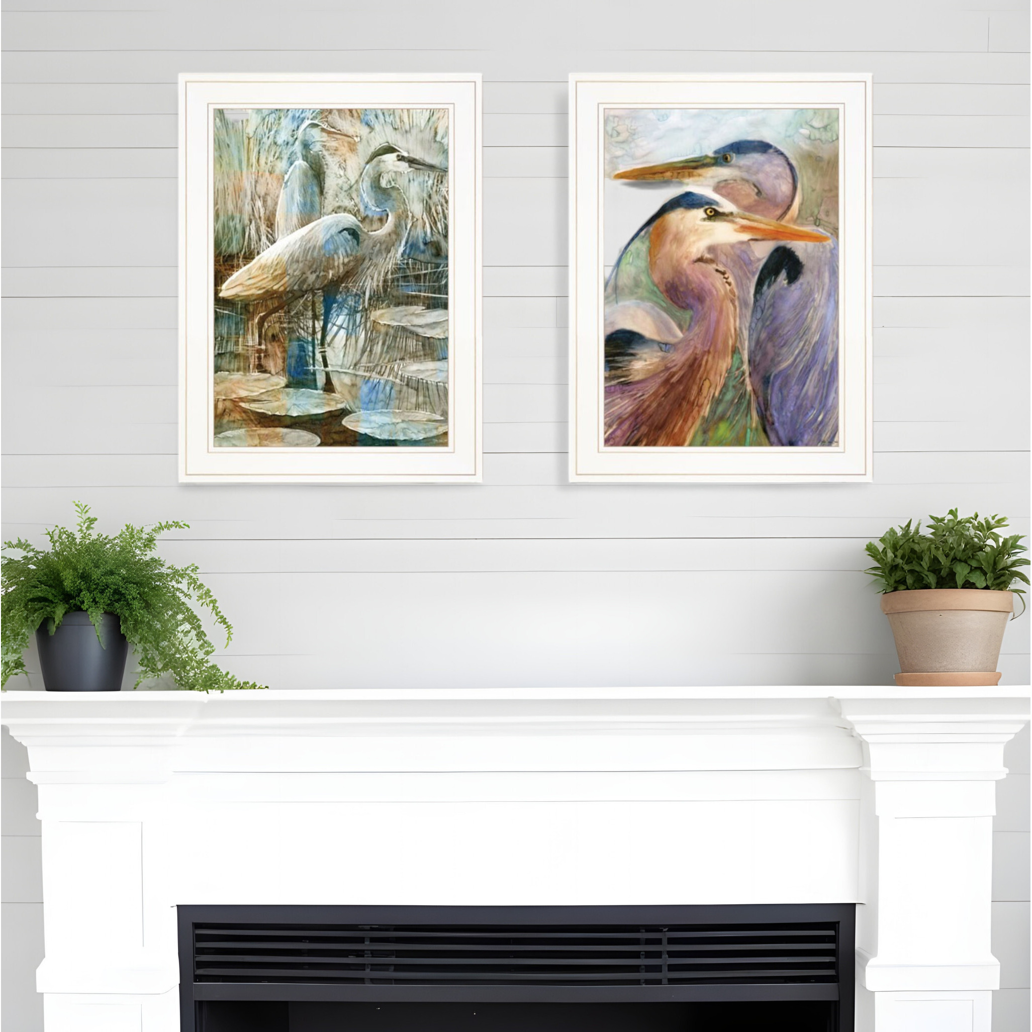 Set Of Two Blue Heron Duet White Framed Print Wall Art