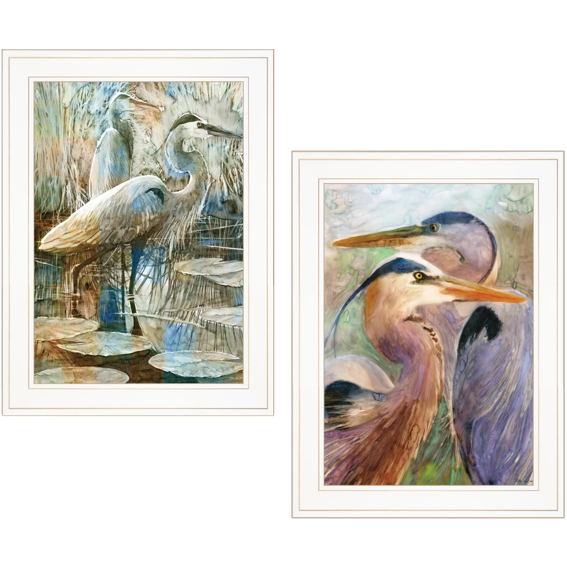 Set Of Two Blue Heron Duet White Framed Print Wall Art