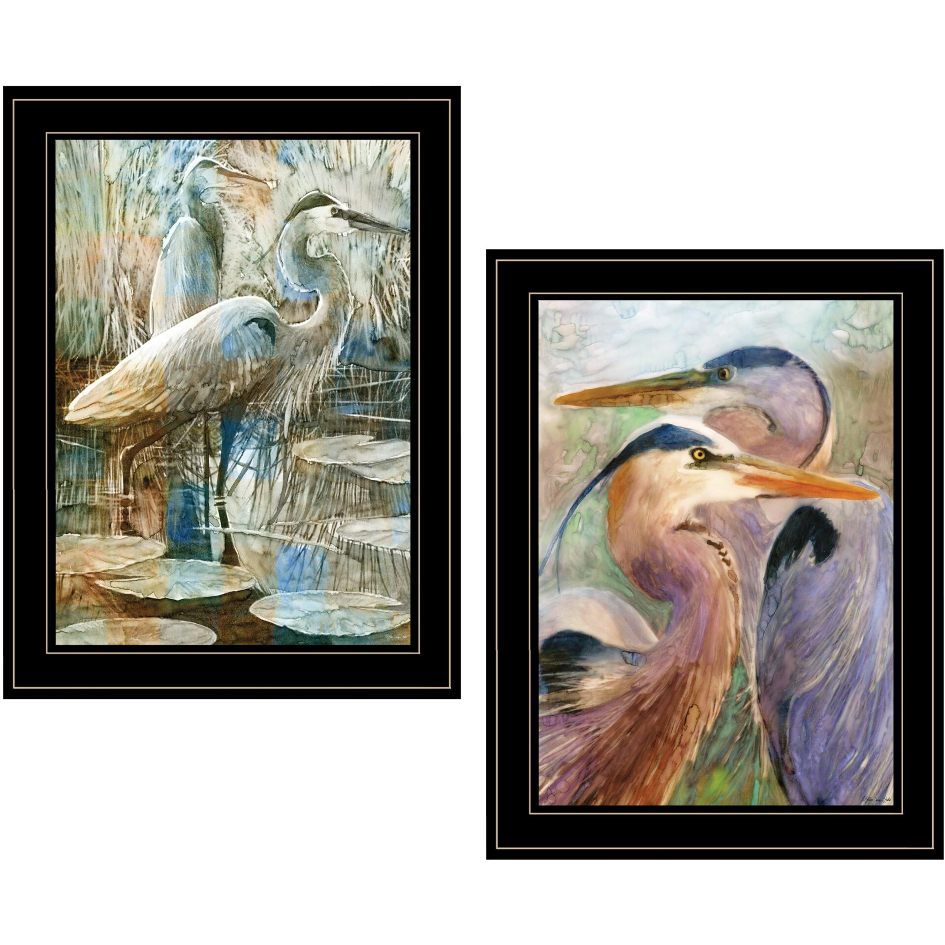 Set Of Two Blue Heron Duet Black Framed Print Wall Art