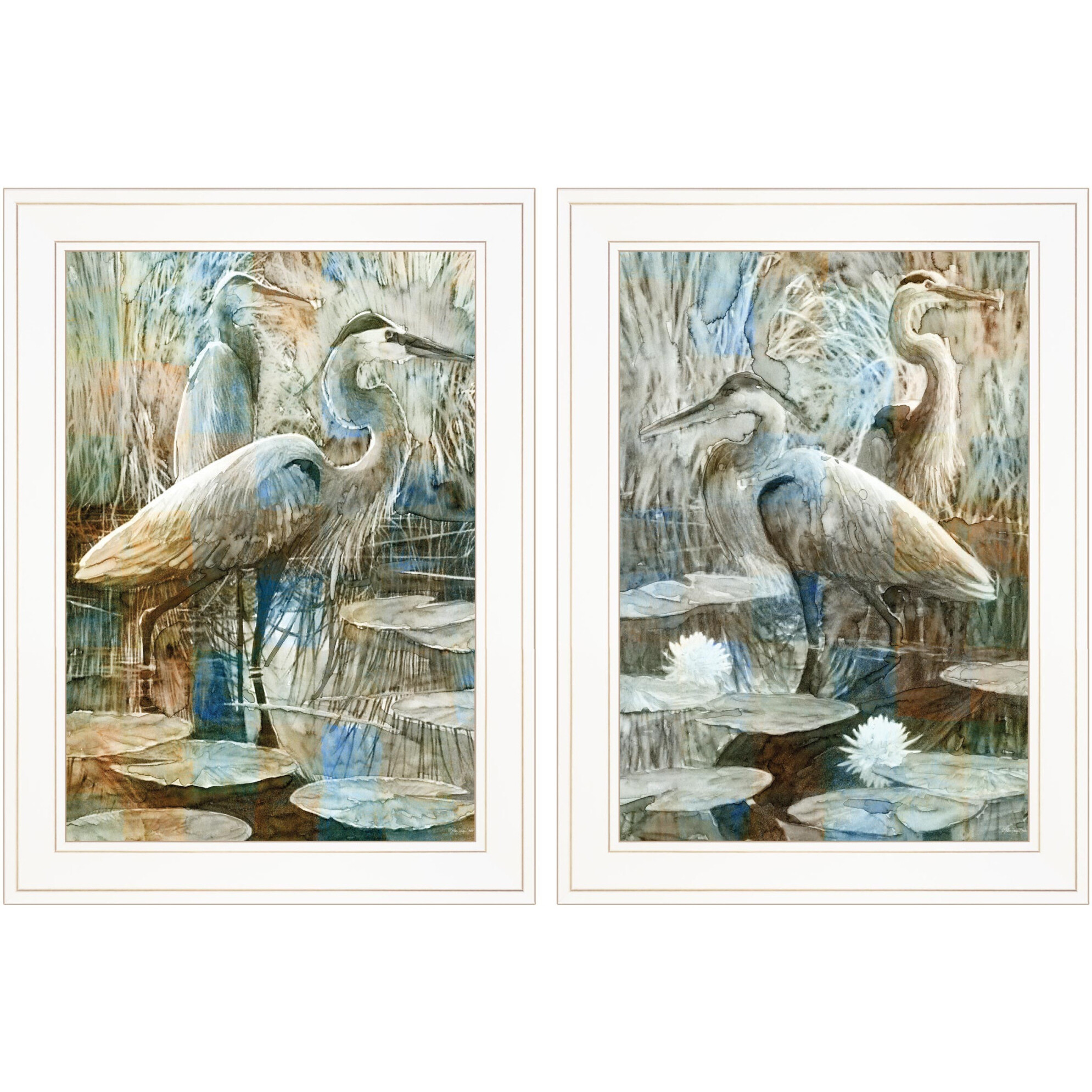 Set Of Two Marsh Herons I and Sea II White Framed Print Wall Art