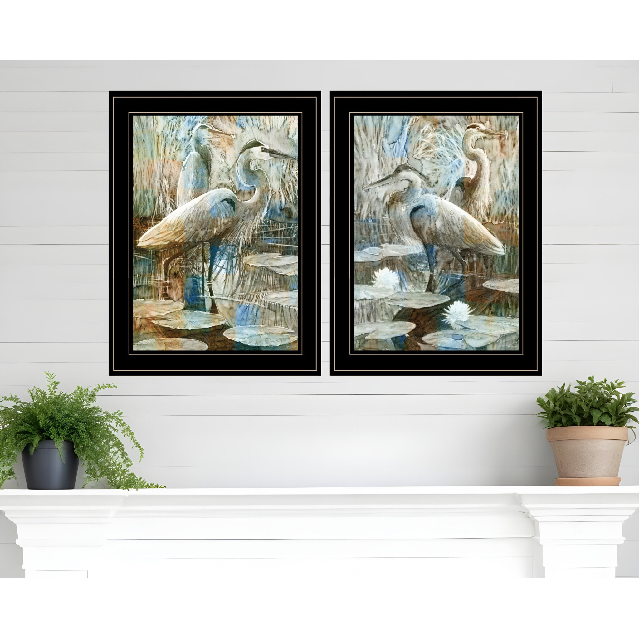 Set Of Two Marsh Herons I and Sea II Black Framed Print Wall Art