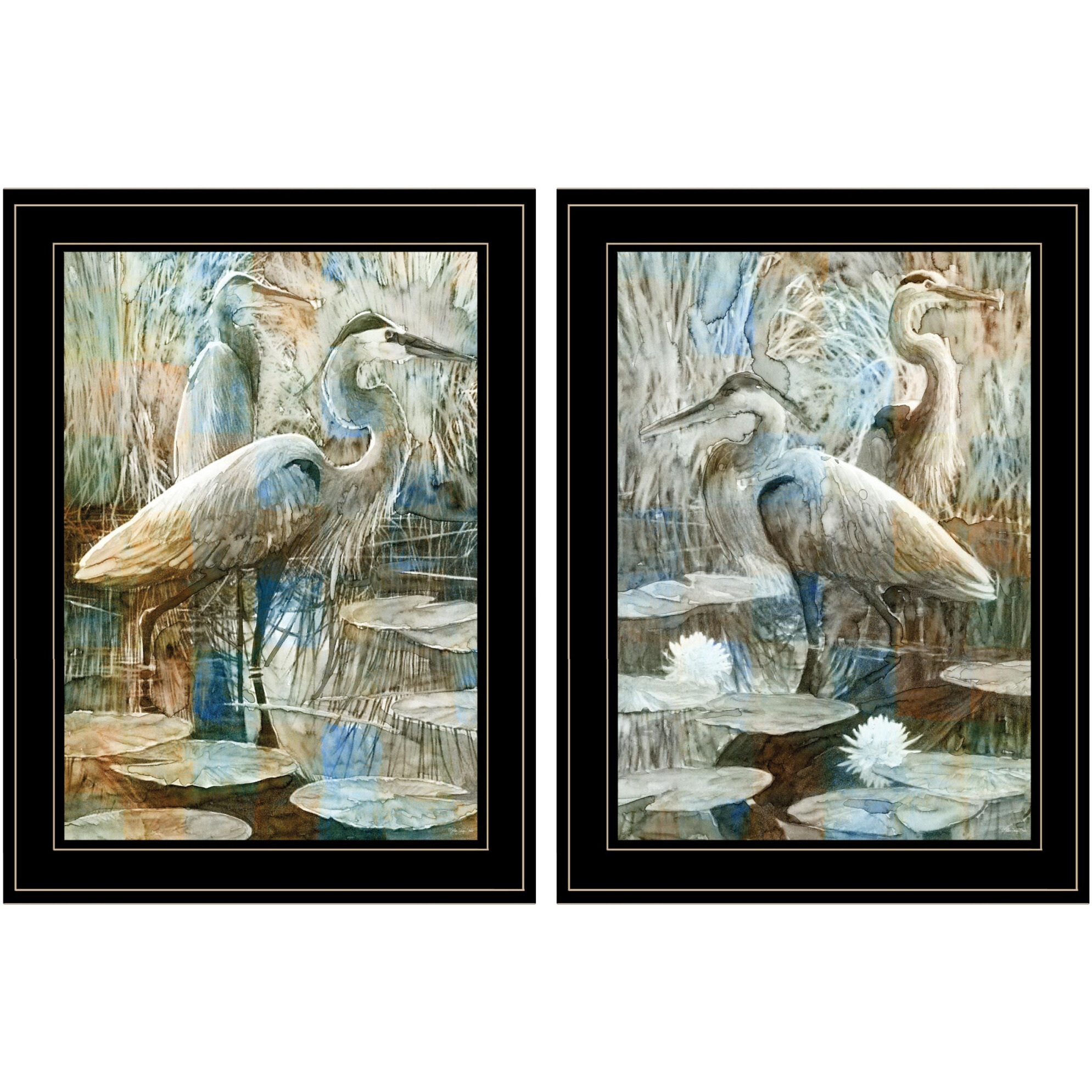 Set Of Two Marsh Herons I and Sea II Black Framed Print Wall Art