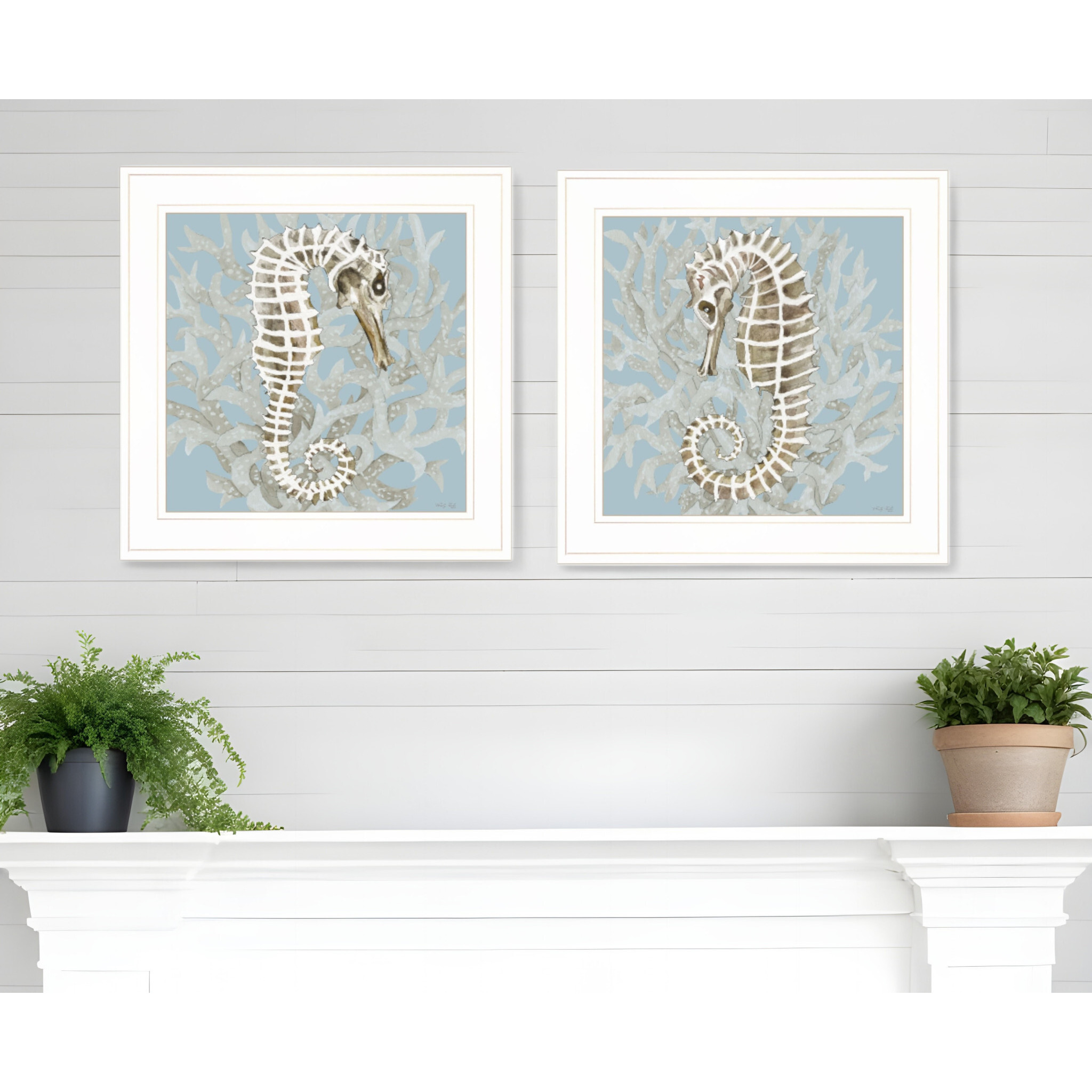 Set Of Two Coral Seahorse White Framed Print Wall Art