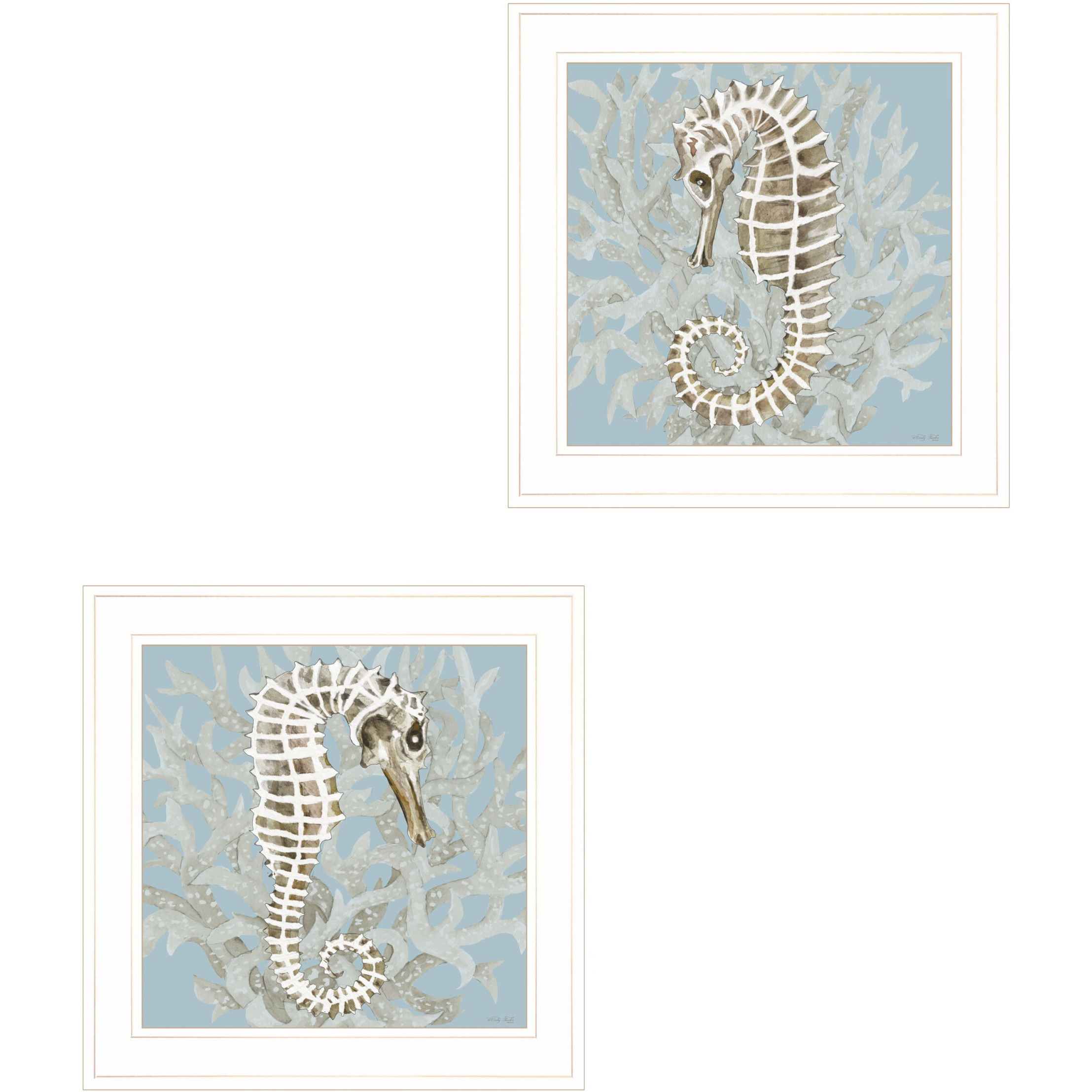 Set Of Two Coral Seahorse White Framed Print Wall Art