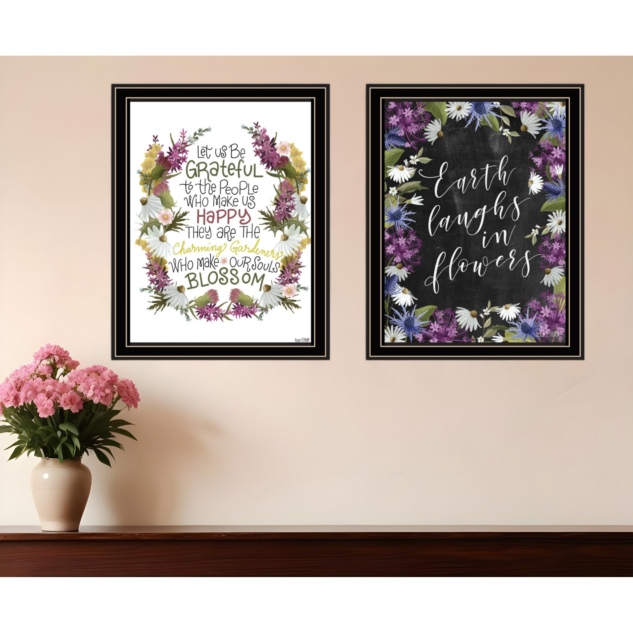 Set Of Two Flowers Make Us Laugh Black Framed Print Wall Art