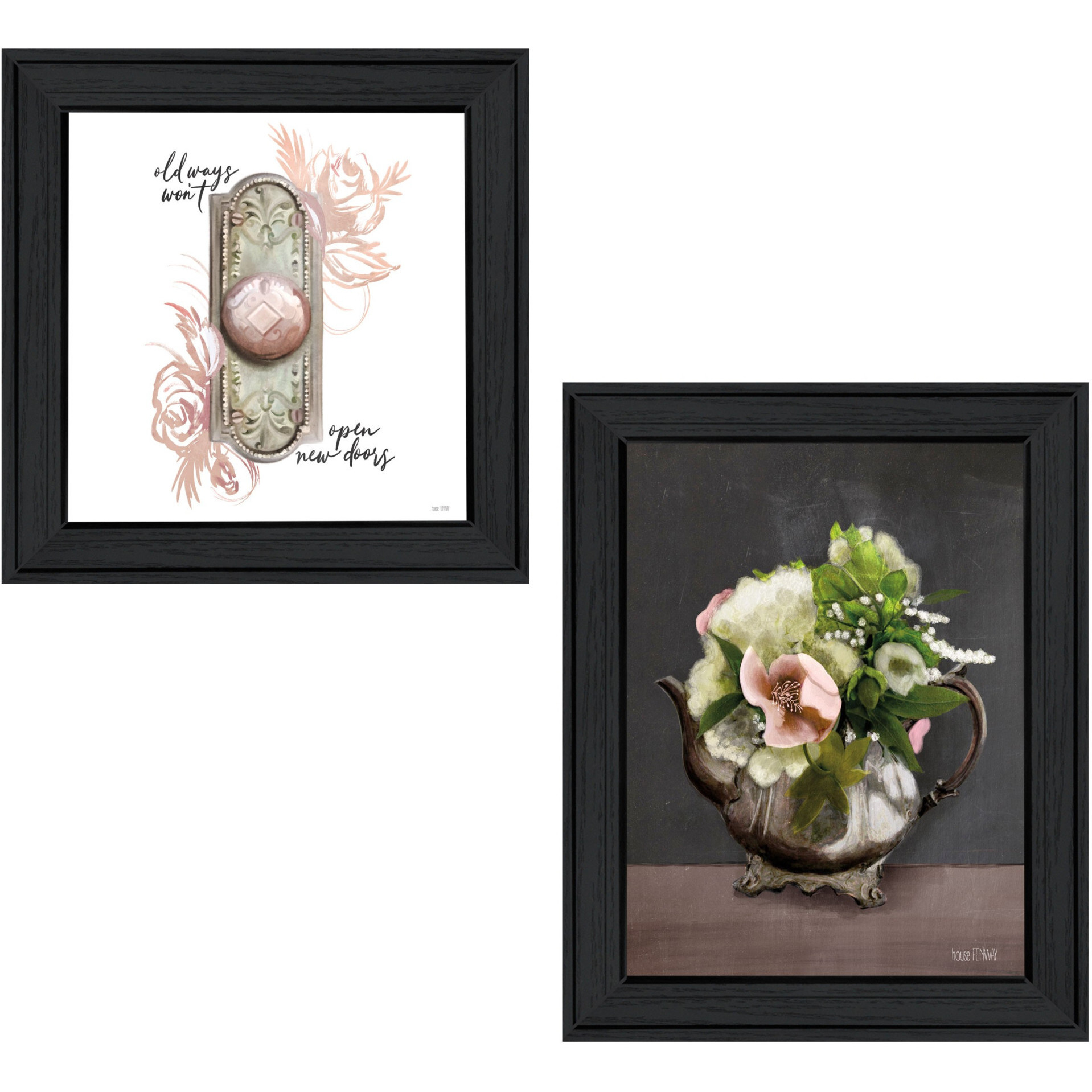 Set Of Two Vintage Floral Tea Pot and Door Knob Black Framed Print Kitchen Wall Art