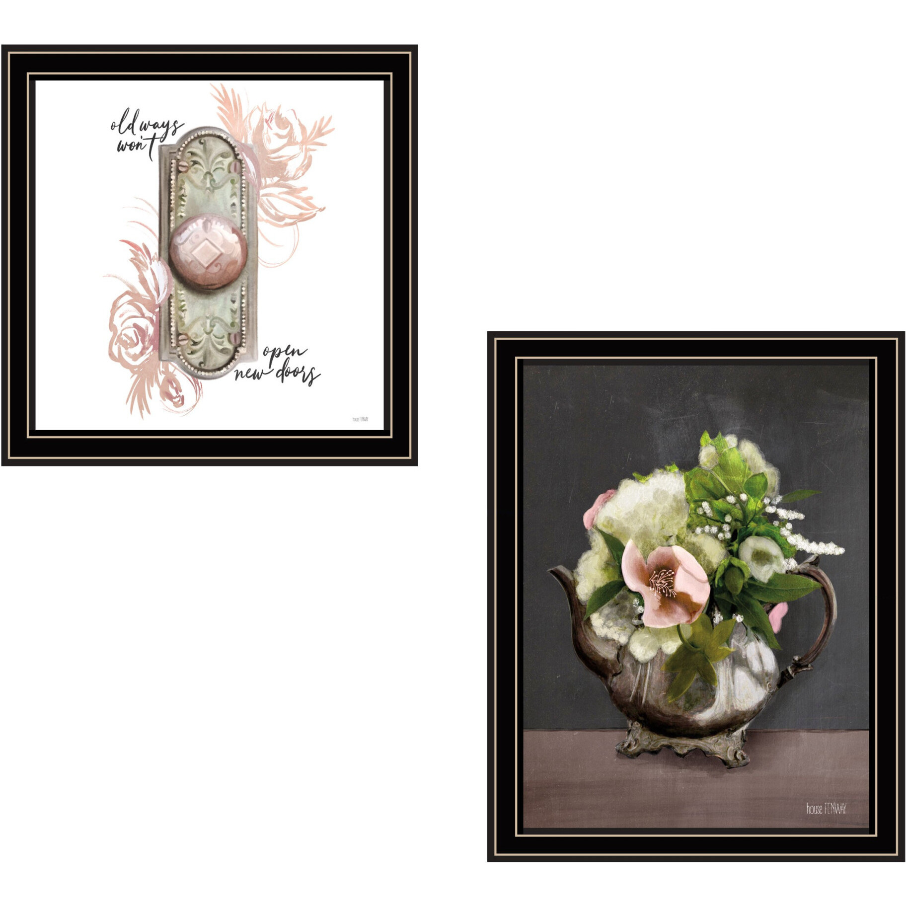 Set Of Two Vintage Floral Tea Pot and Door Knob Black Framed Print Kitchen Wall Art