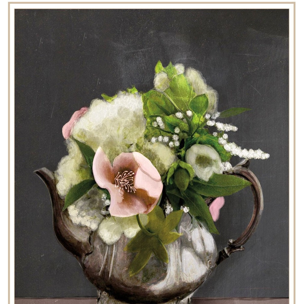 Set Of Two Vintage Floral Tea Pot and Door Knob White Framed Print Kitchen Wall Art