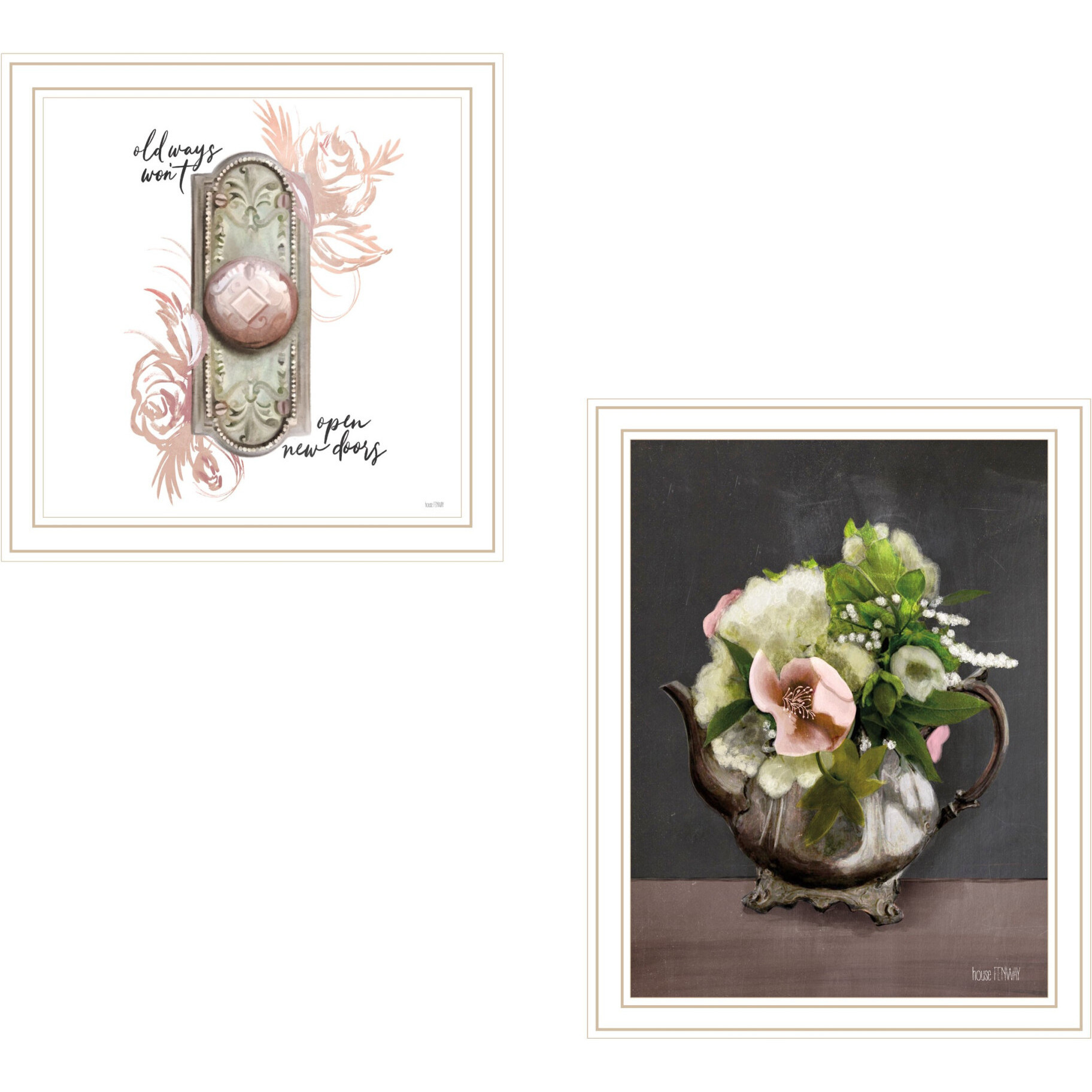 Set Of Two Vintage Floral Tea Pot and Door Knob White Framed Print Kitchen Wall Art