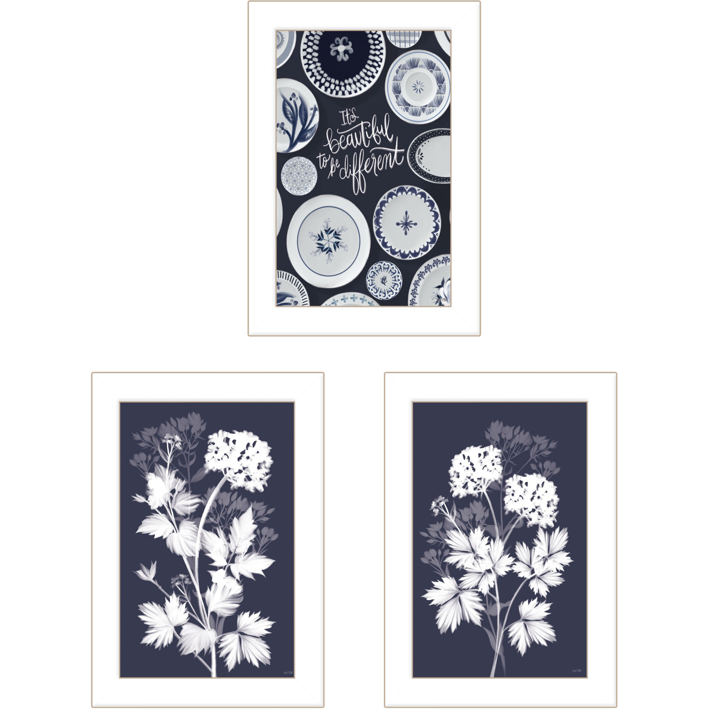 Set Of Three Its Beautiful to Be Different White Framed Print Wall Art