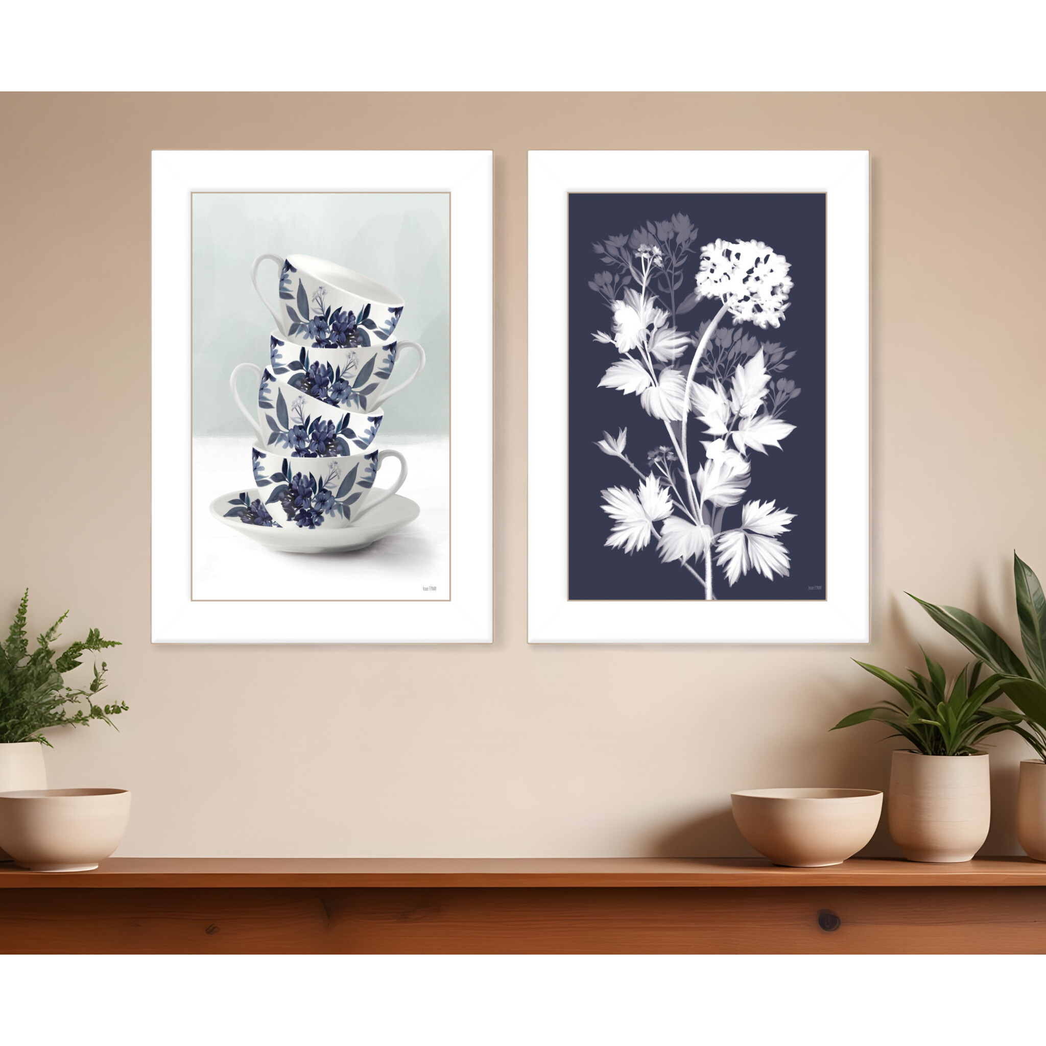 Set Of Two Tea Towers with Flowers Blue White Framed Print Kitchen Wall Art