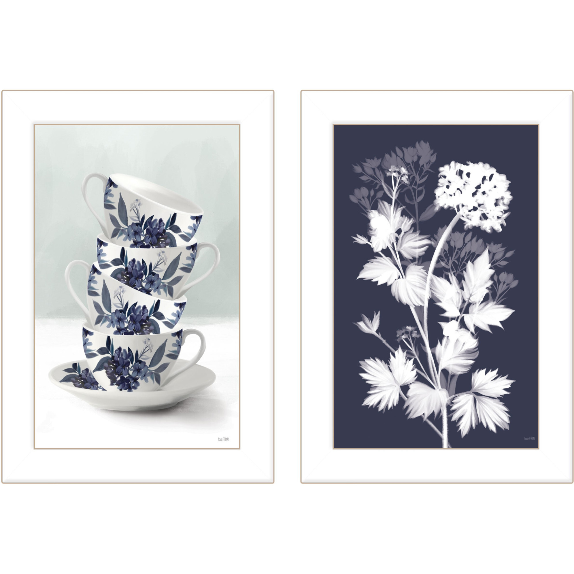 Set Of Two Tea Towers with Flowers Blue White Framed Print Kitchen Wall Art
