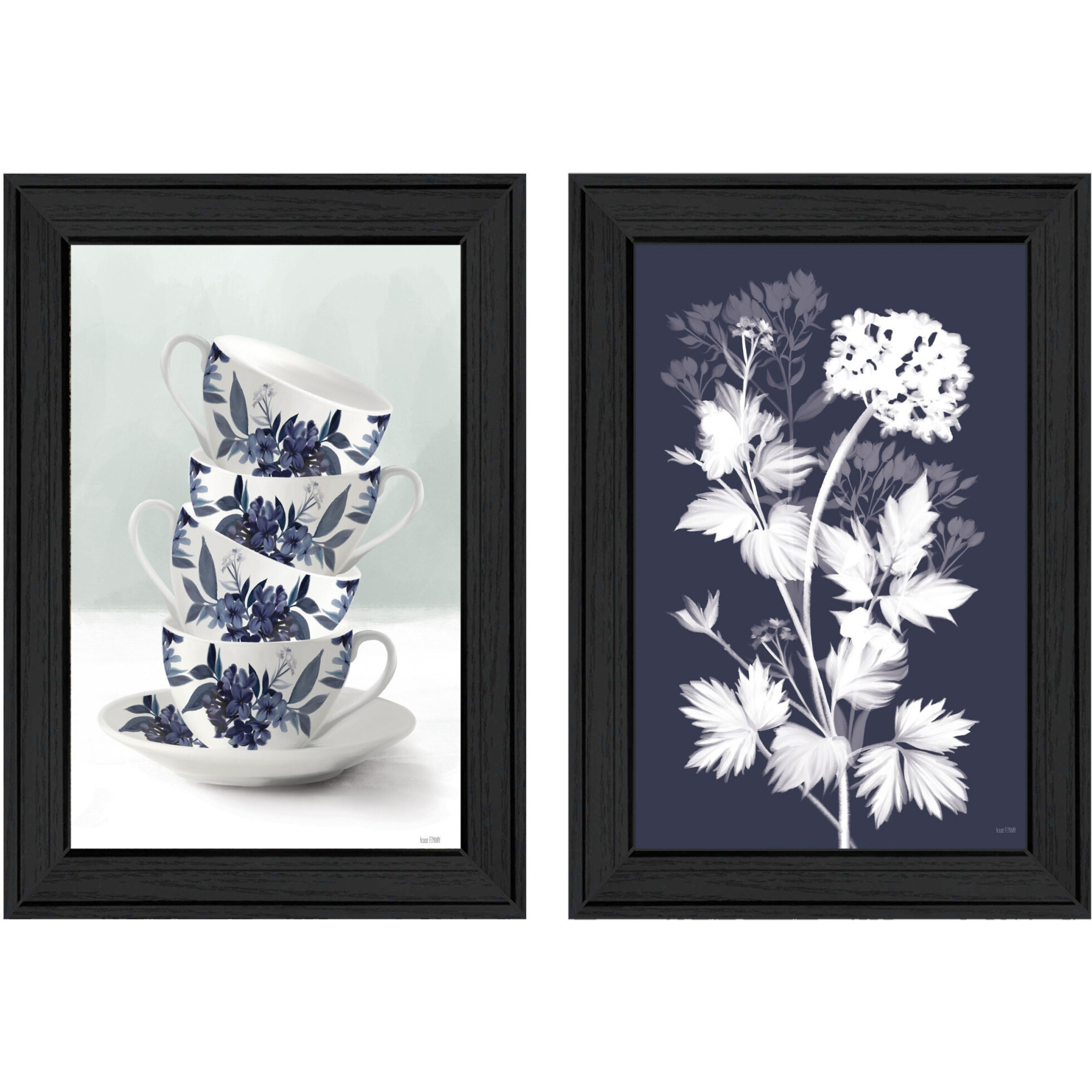Set Of Two Tea Towers with Flowers Blue Black Framed Print Kitchen Wall Art