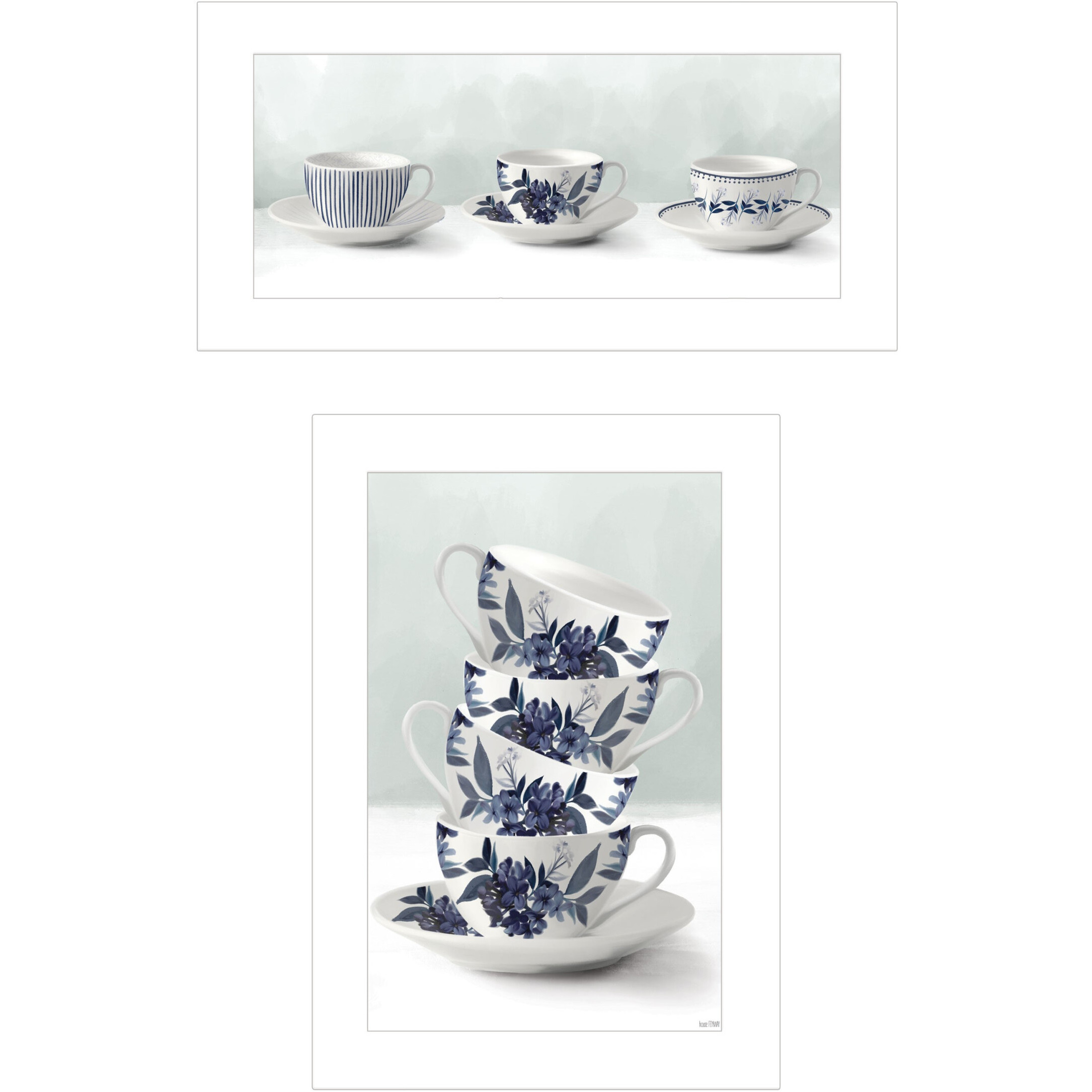 Set Of Two Tea tower with Cups and Sauces White Framed Print Kitchen Wall Art