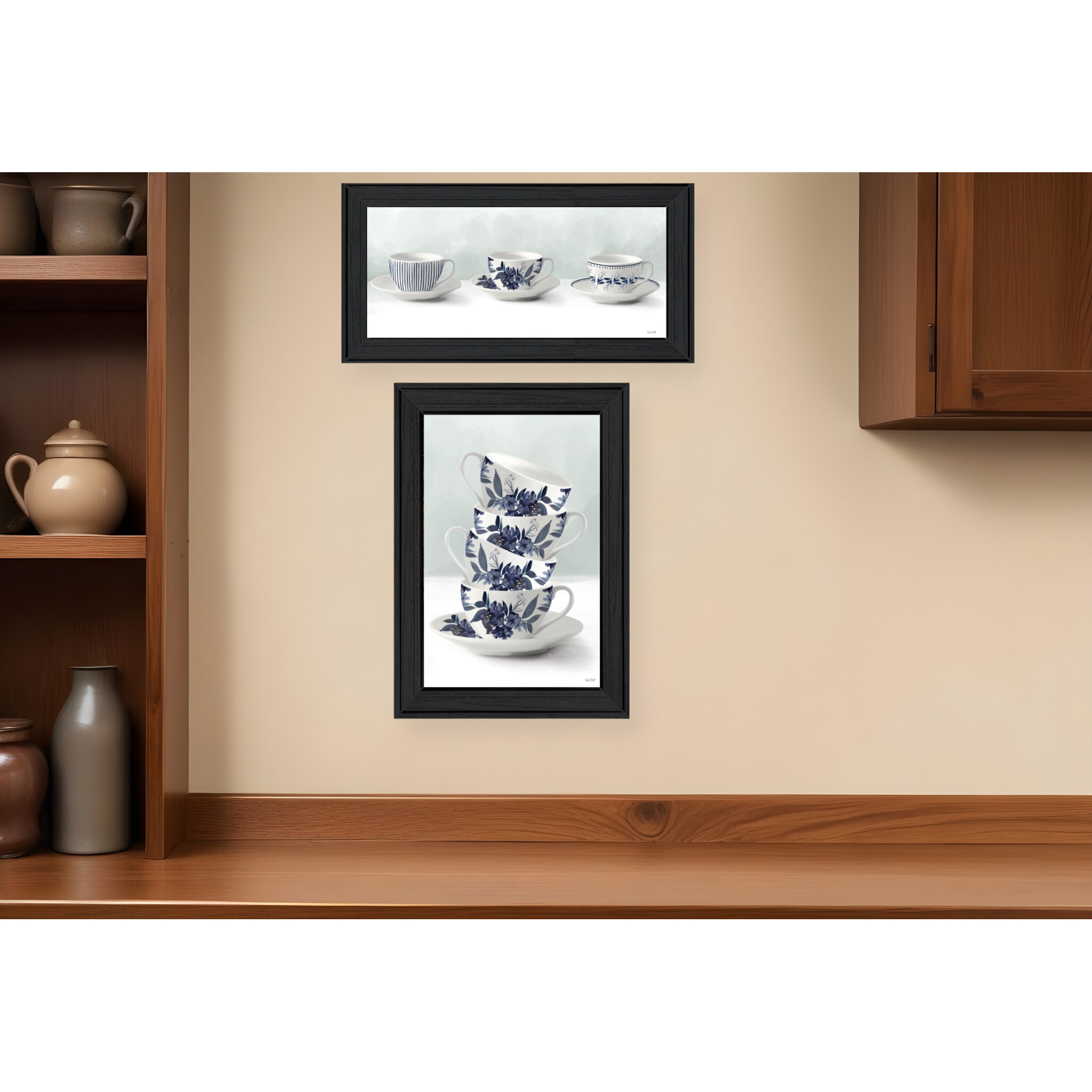 Set Of Two Tea tower with Cups and Sauces Black Framed Print Kitchen Wall Art