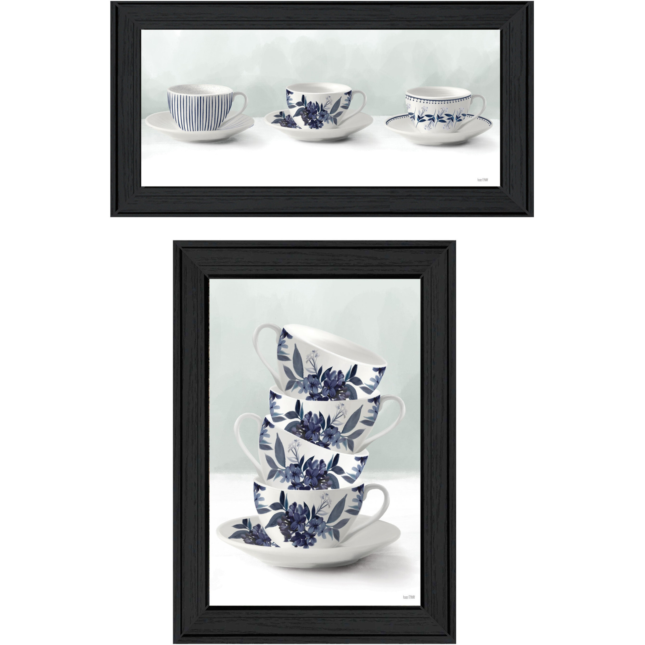 Set Of Two Tea tower with Cups and Sauces Black Framed Print Kitchen Wall Art