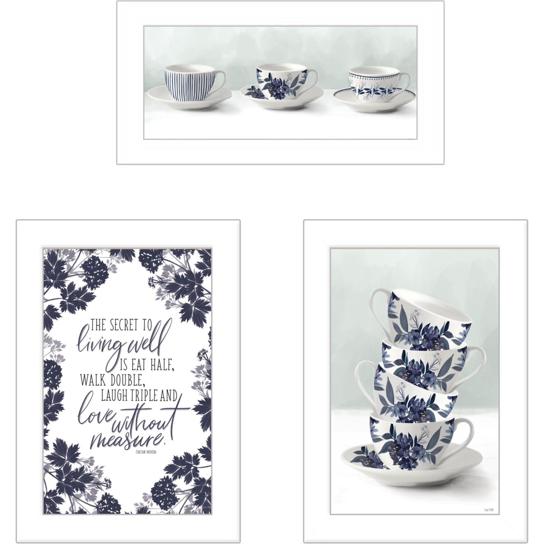 Set Of Three Tea tower with Cups and Sauces White Framed Print Kitchen Wall Art