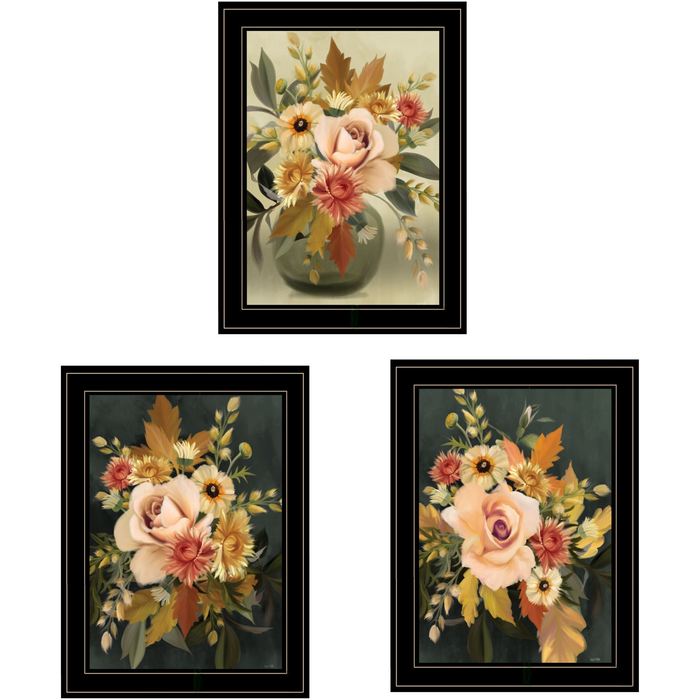Set Of Three Romantic Autumn Black Framed Print Wall Art