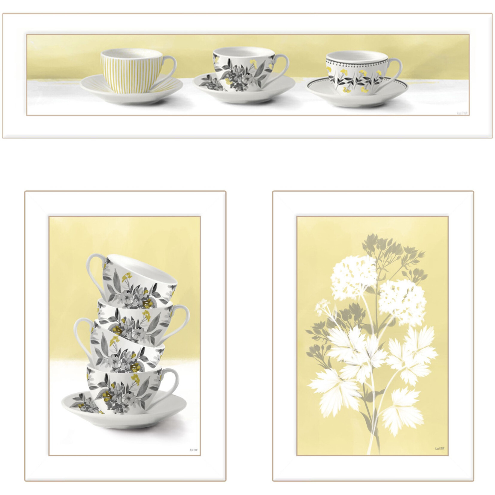 Set Of Three Tea Cups and Yellow Flowers White Framed Print Kitchen Wall Art