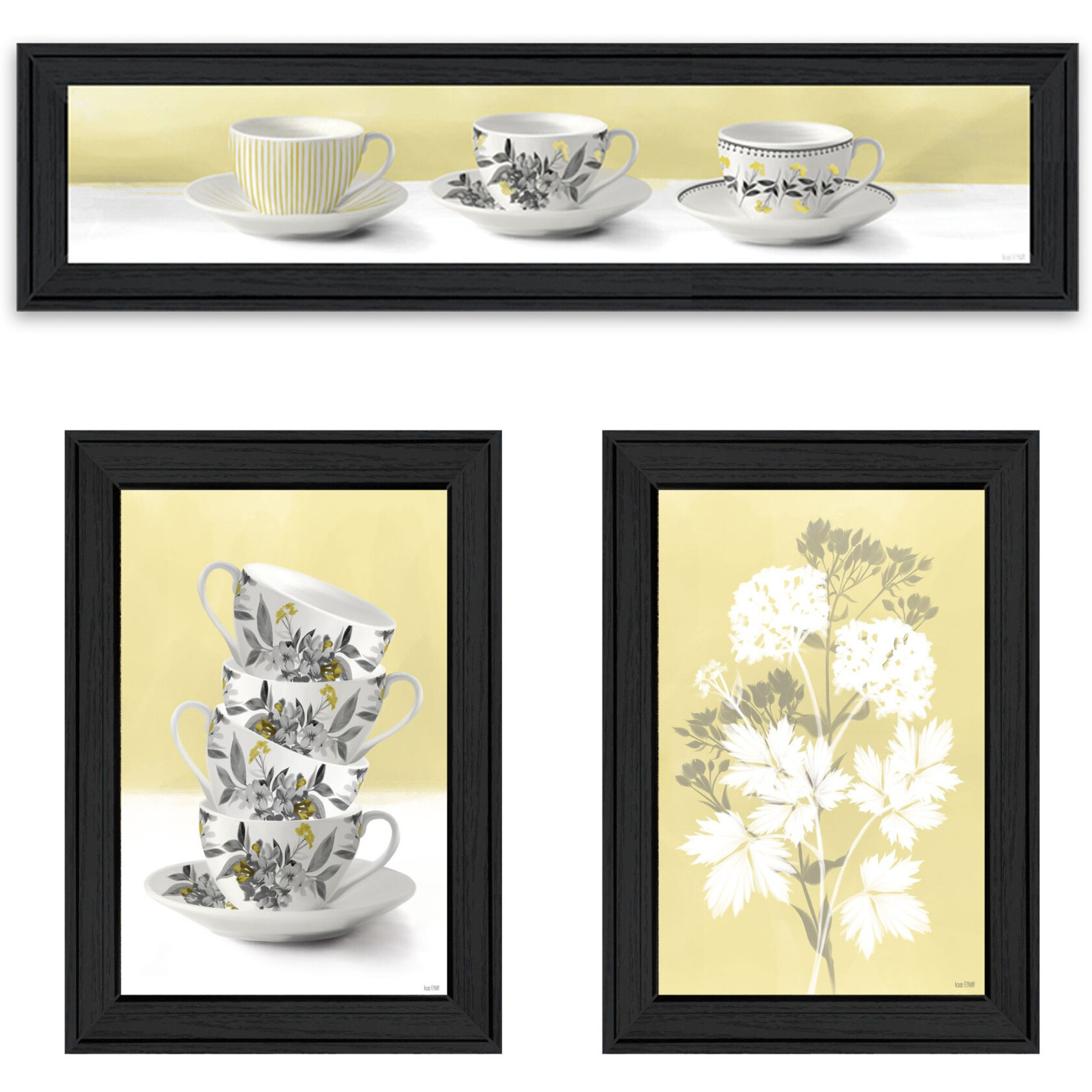 Set Of Three Tea Cups and Yellow Flowers Black Framed Print Kitchen Wall Art